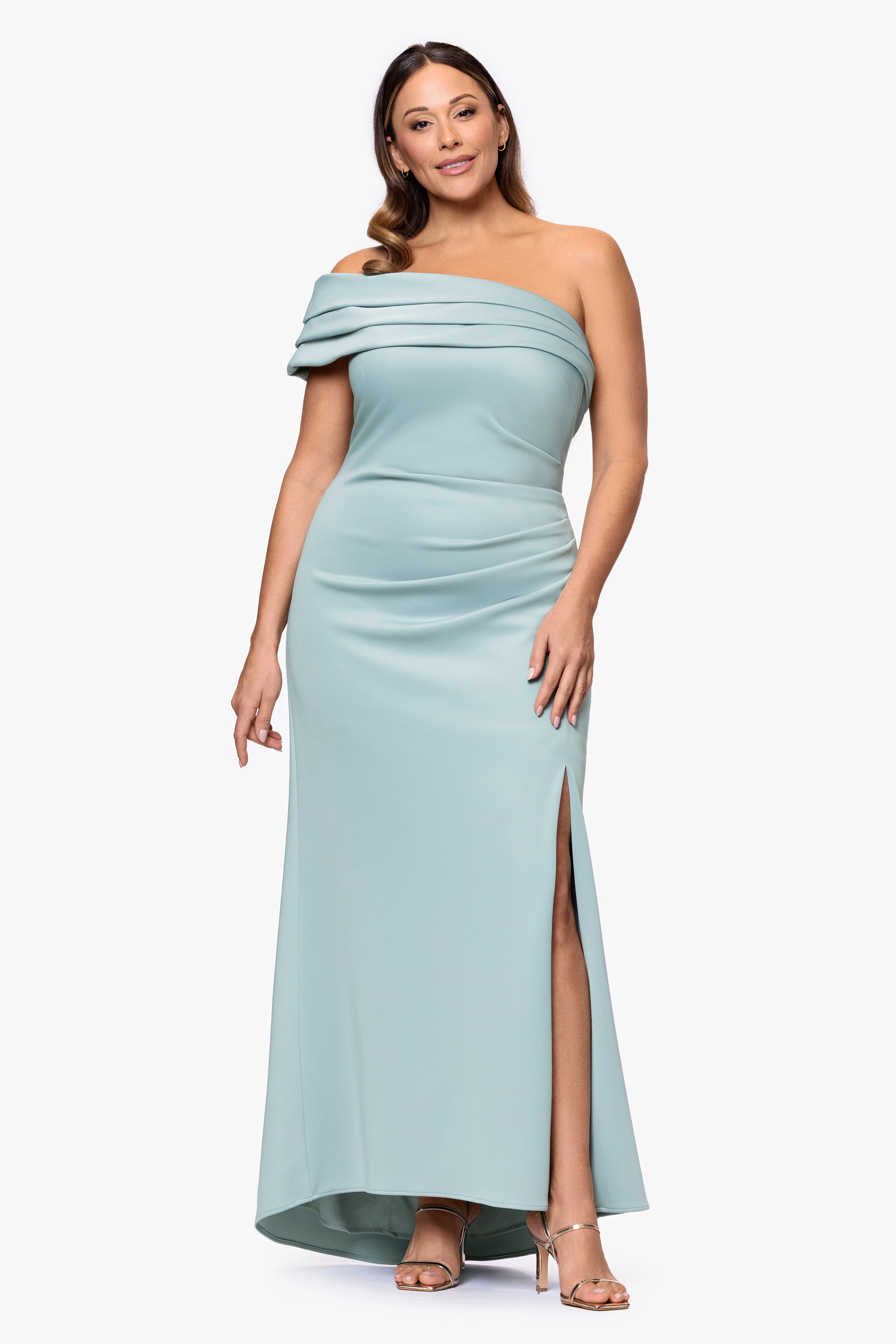 Plus "Whitney" Techno Scuba One Shoulder Off the Shoulder Floor Length Dress