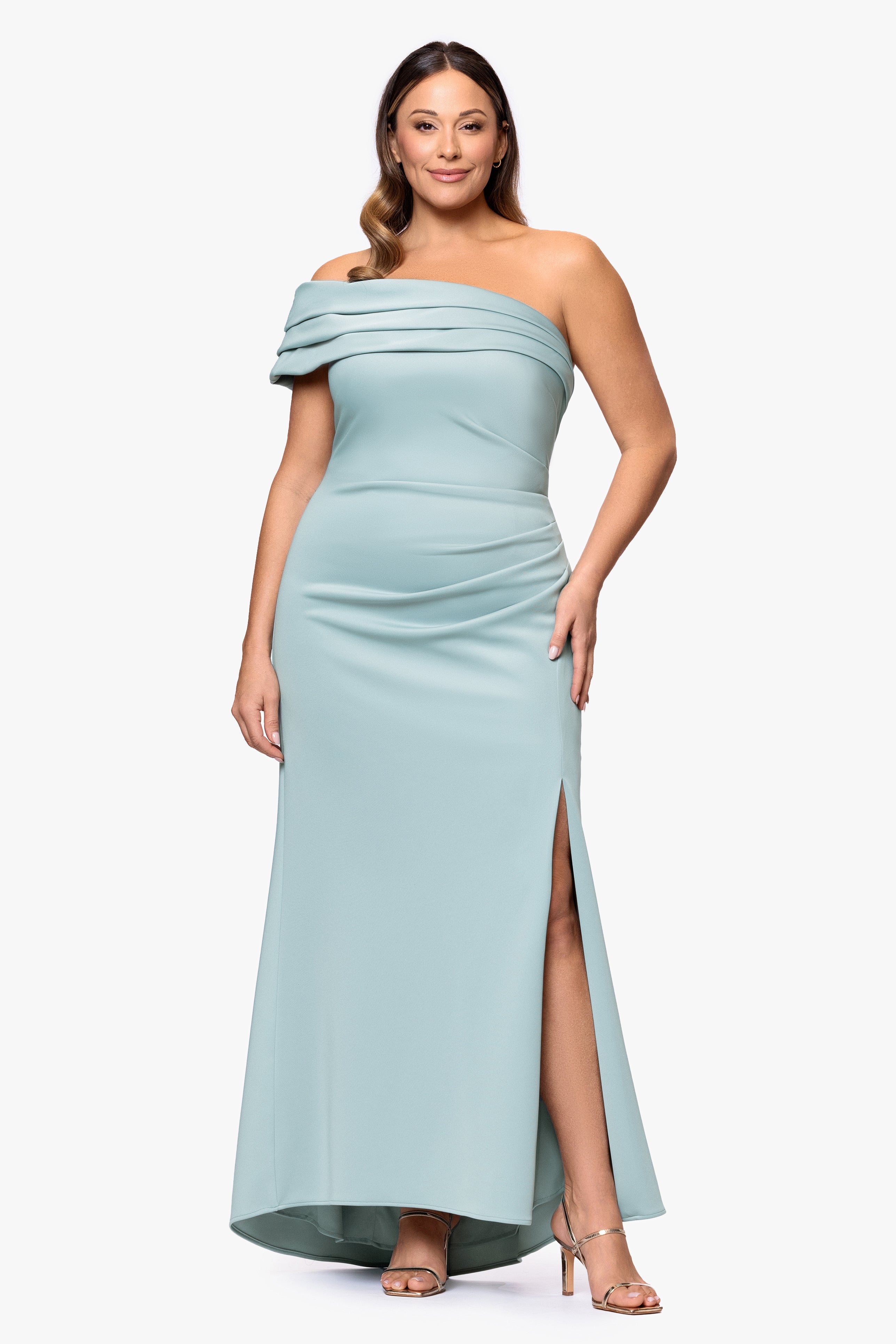 Plus "Whitney" Techno Scuba One Shoulder Off the Shoulder Floor Length Dress
