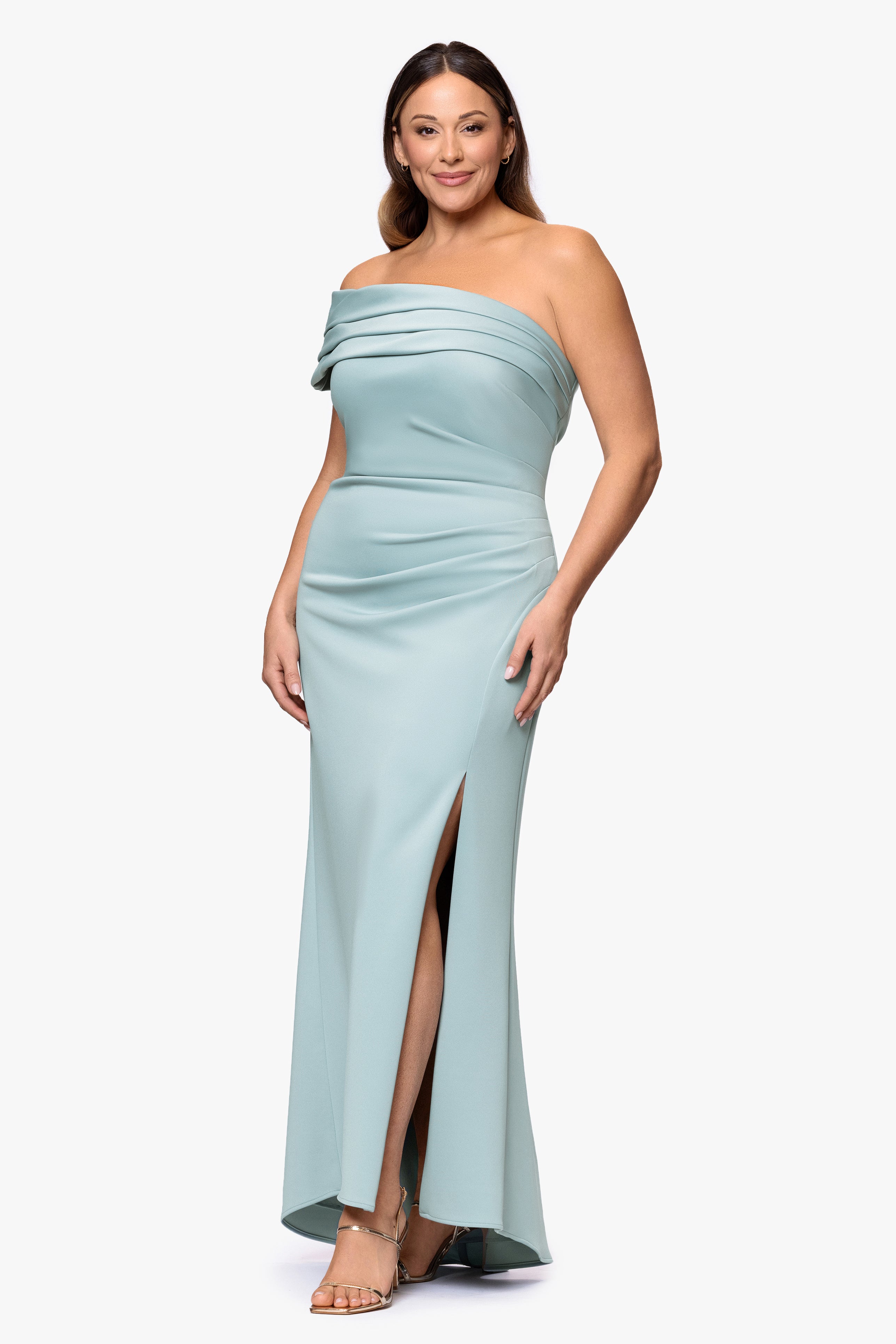 Plus "Whitney" Techno Scuba One Shoulder Off the Shoulder Floor Length Dress