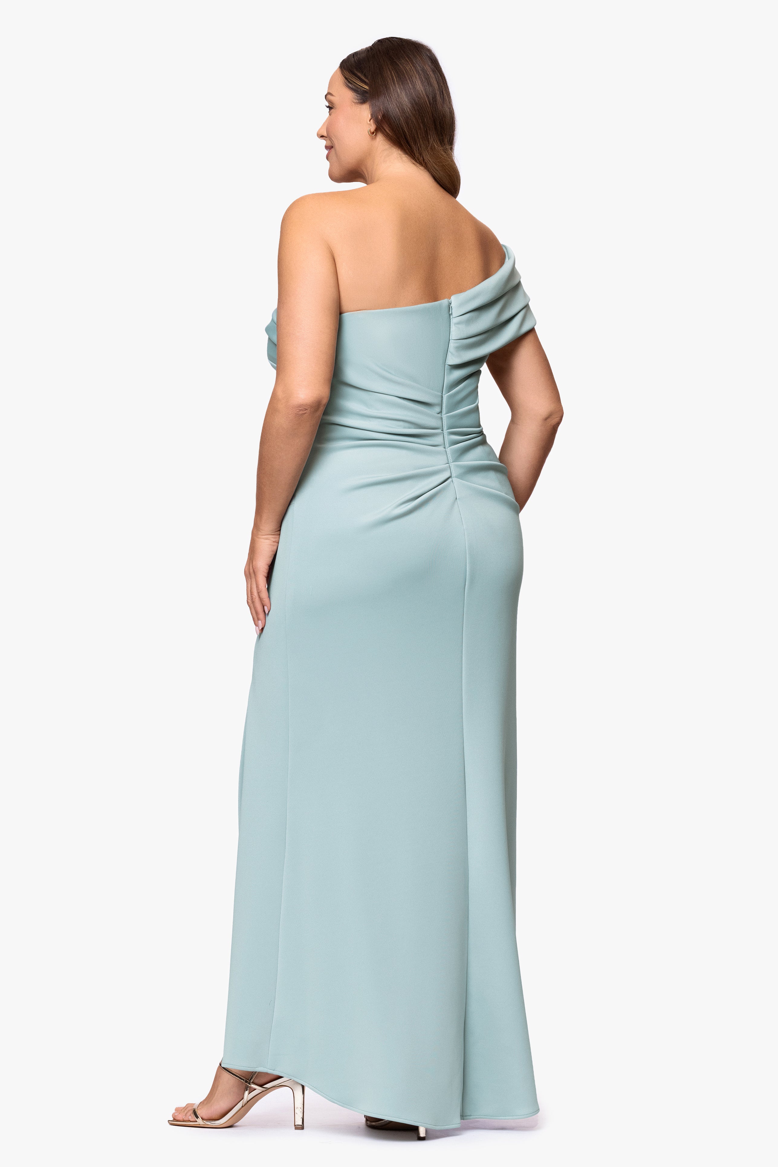 Plus "Whitney" Techno Scuba One Shoulder Off the Shoulder Floor Length Dress