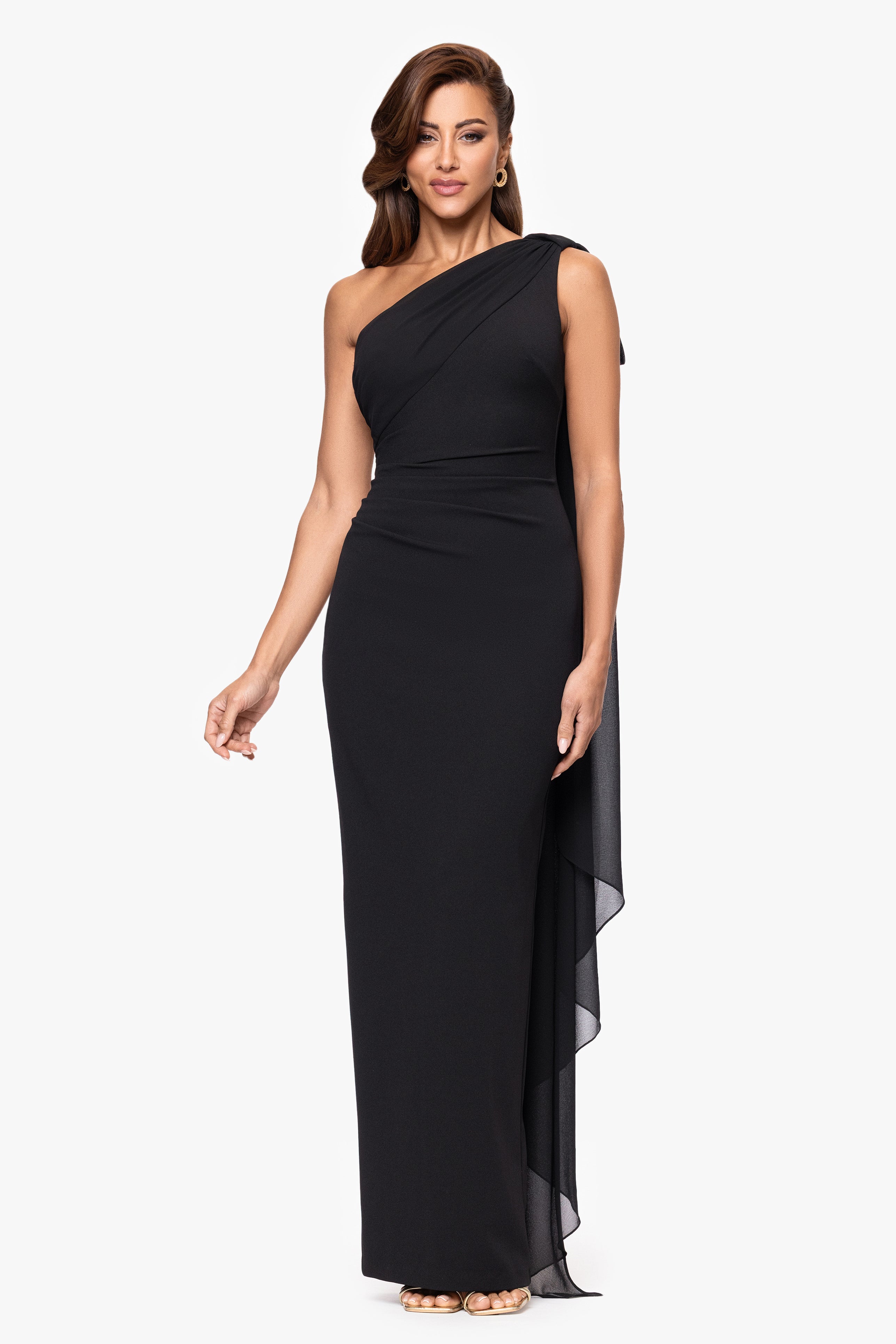 "Grace" Scuba Crepe and Chiffon Cascading One Shoulder Shash Floor Length Dress