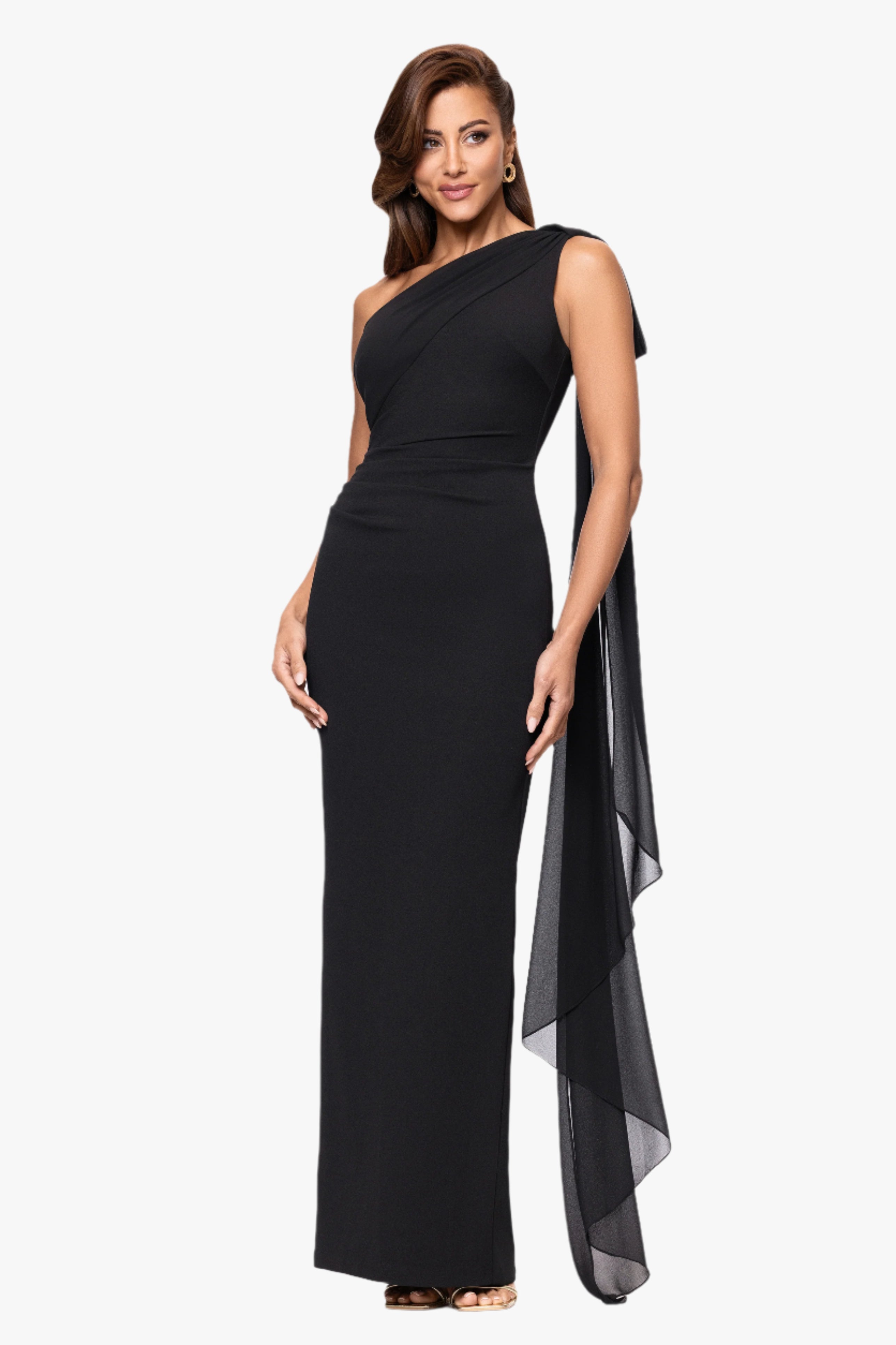 "Grace" Scuba Crepe and Chiffon Cascading One Shoulder Shash Floor Length Dress