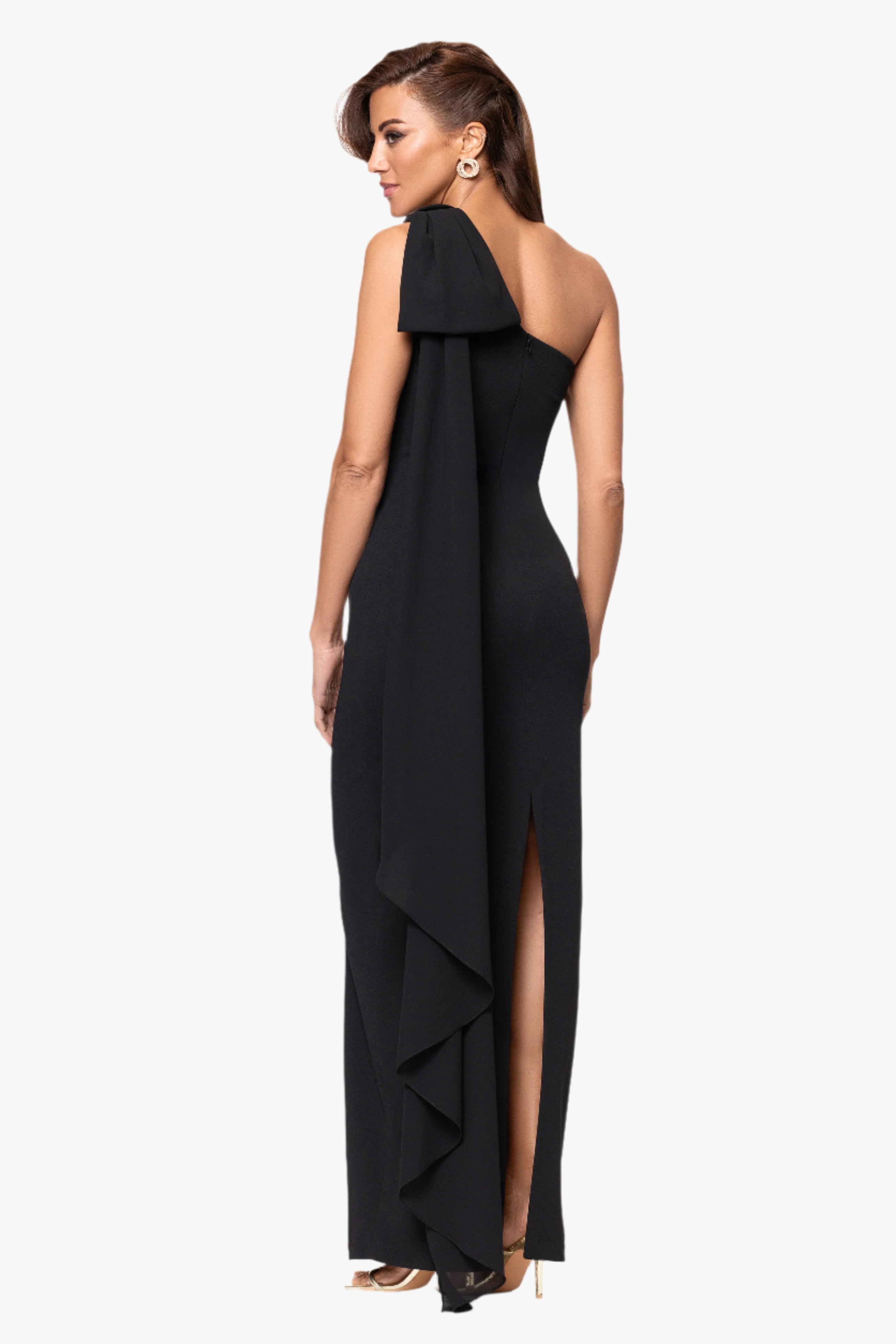 "Grace" Scuba Crepe and Chiffon Cascading One Shoulder Shash Floor Length Dress