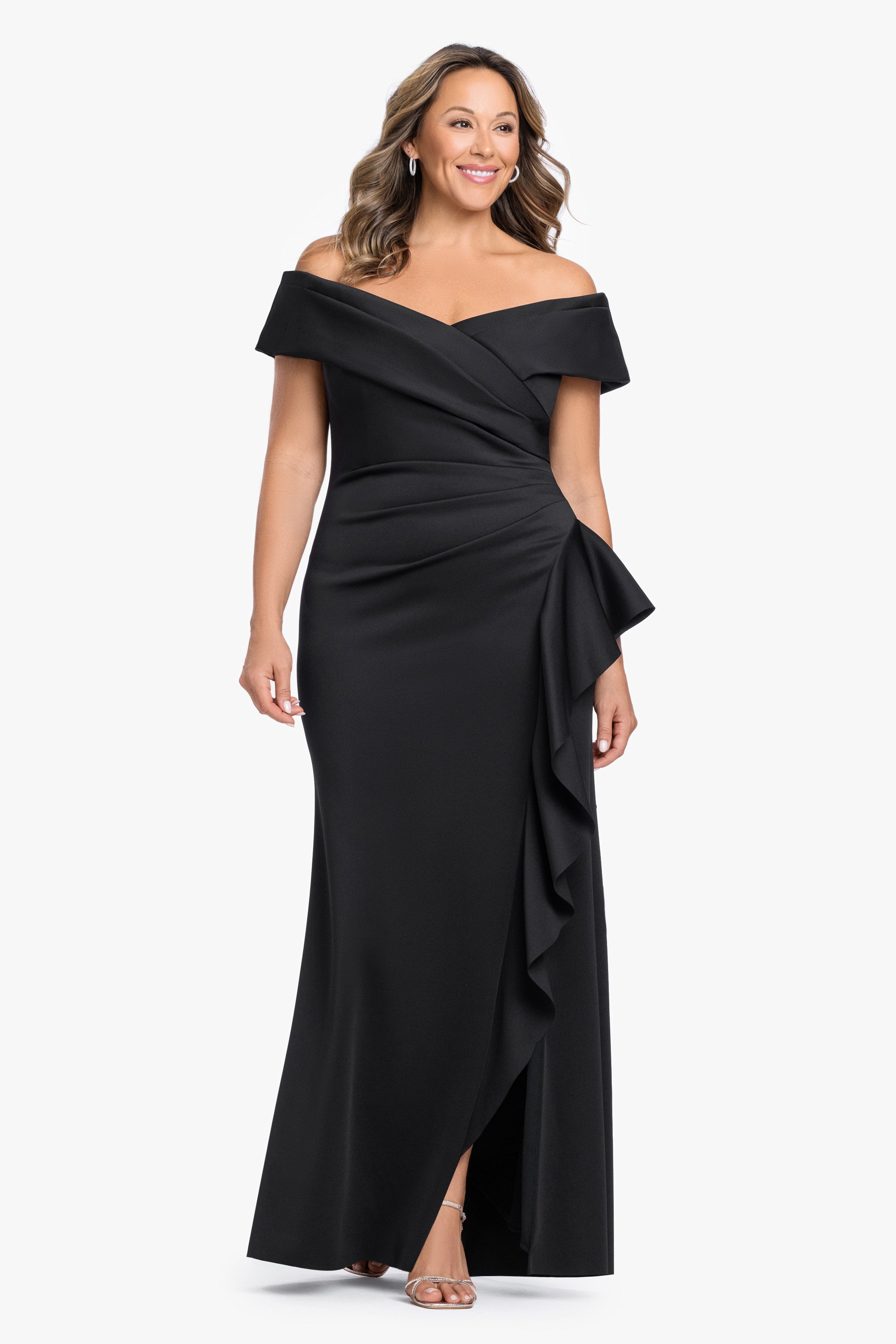Plus "Pearl" Techno Scuba Off the Shoulder Ruffle Dress