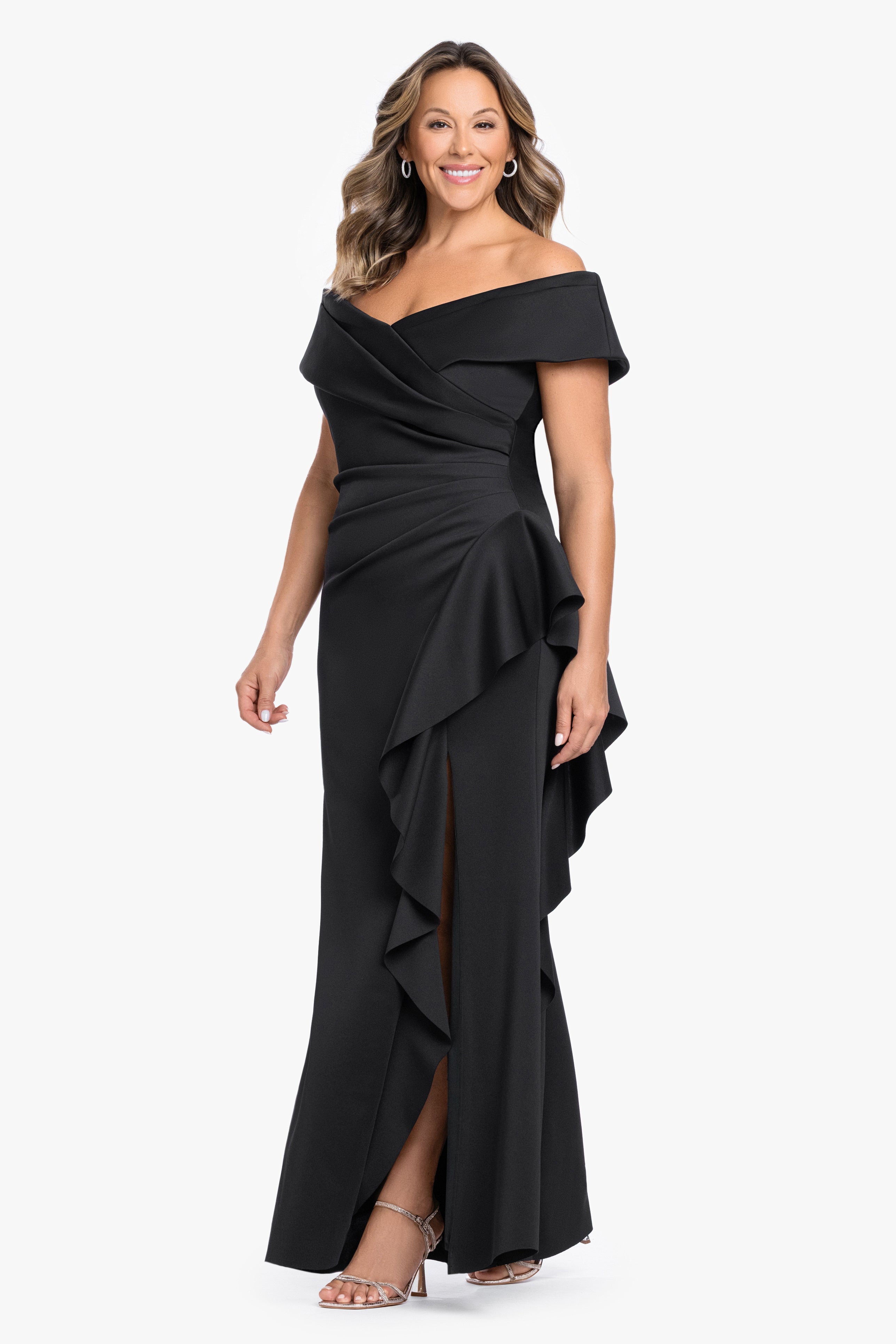 Plus "Pearl" Techno Scuba Off the Shoulder Ruffle Dress