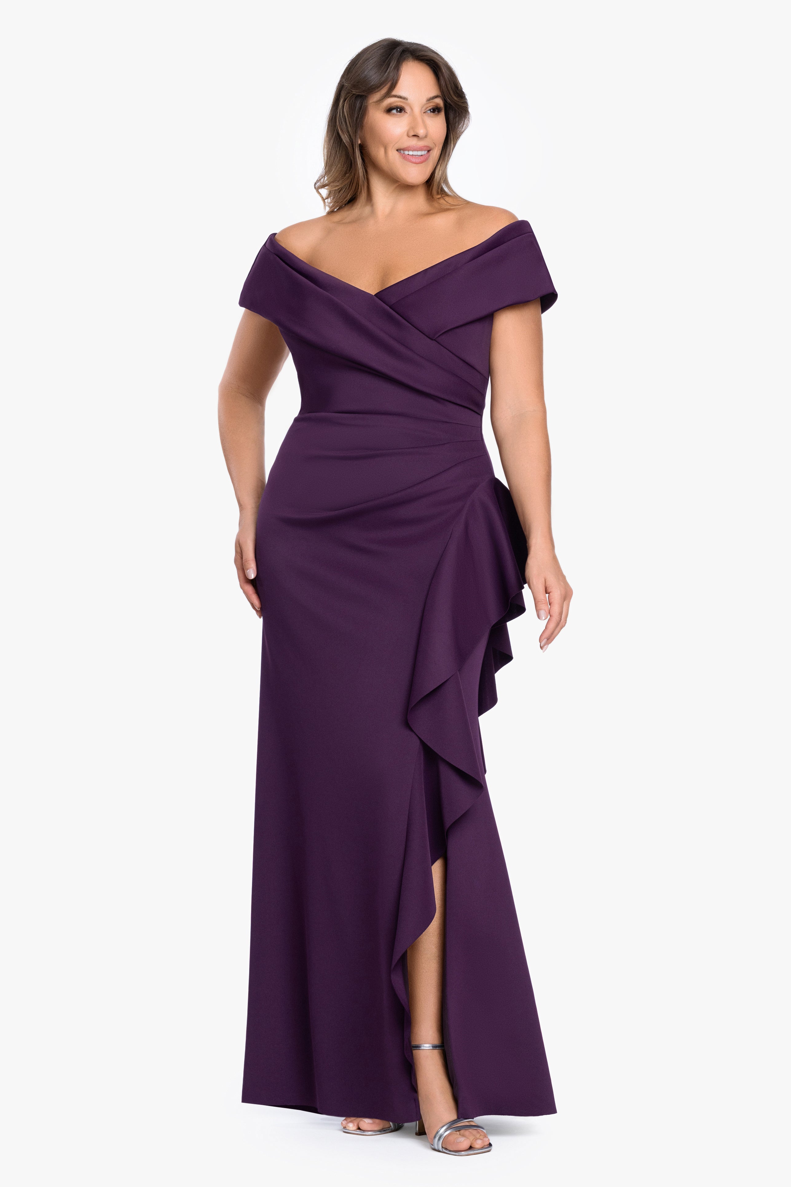 Plus "Pearl" Techno Scuba Off the Shoulder Ruffle Floor Length Dress