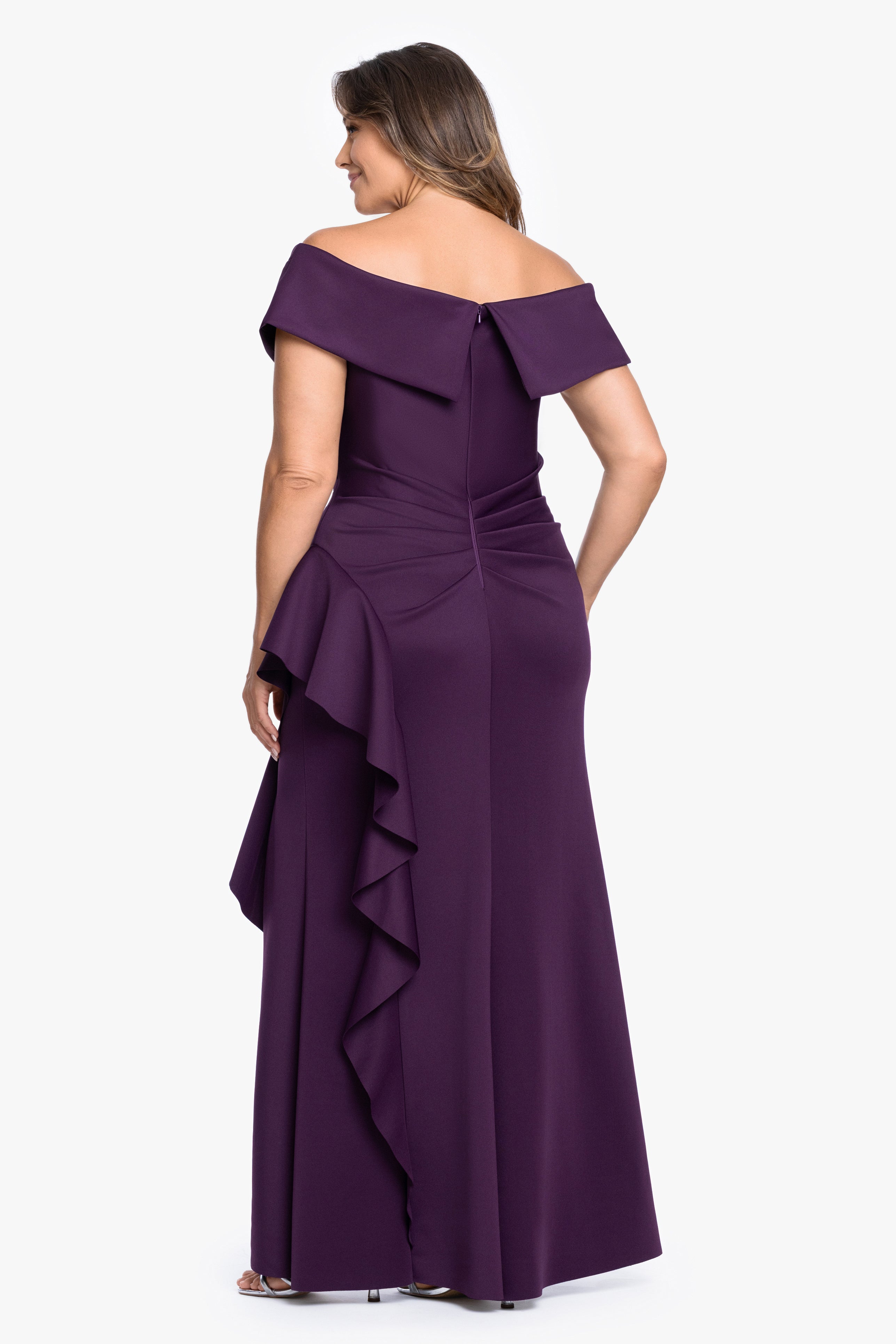 Plus "Pearl" Techno Scuba Off the Shoulder Ruffle Floor Length Dress