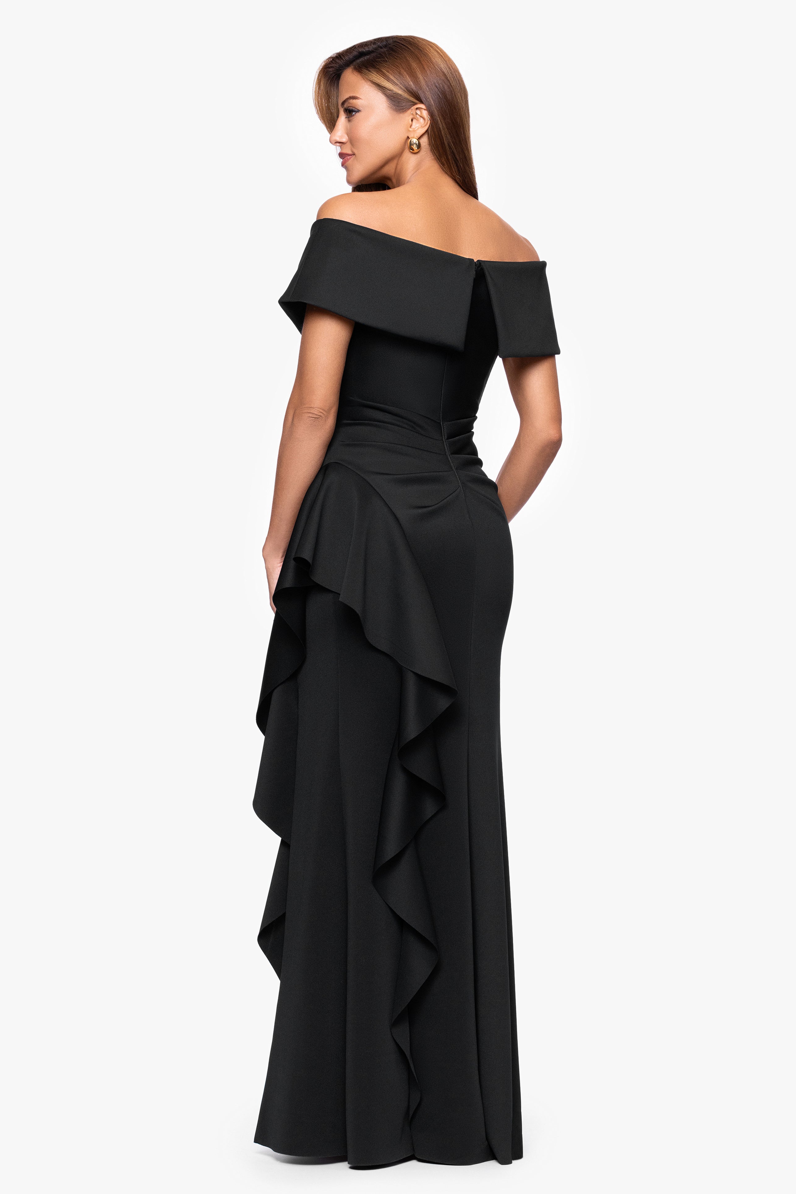 Petite "Pearl" Techno Scuba Off the Shoulder Ruffle Floor Length Dress