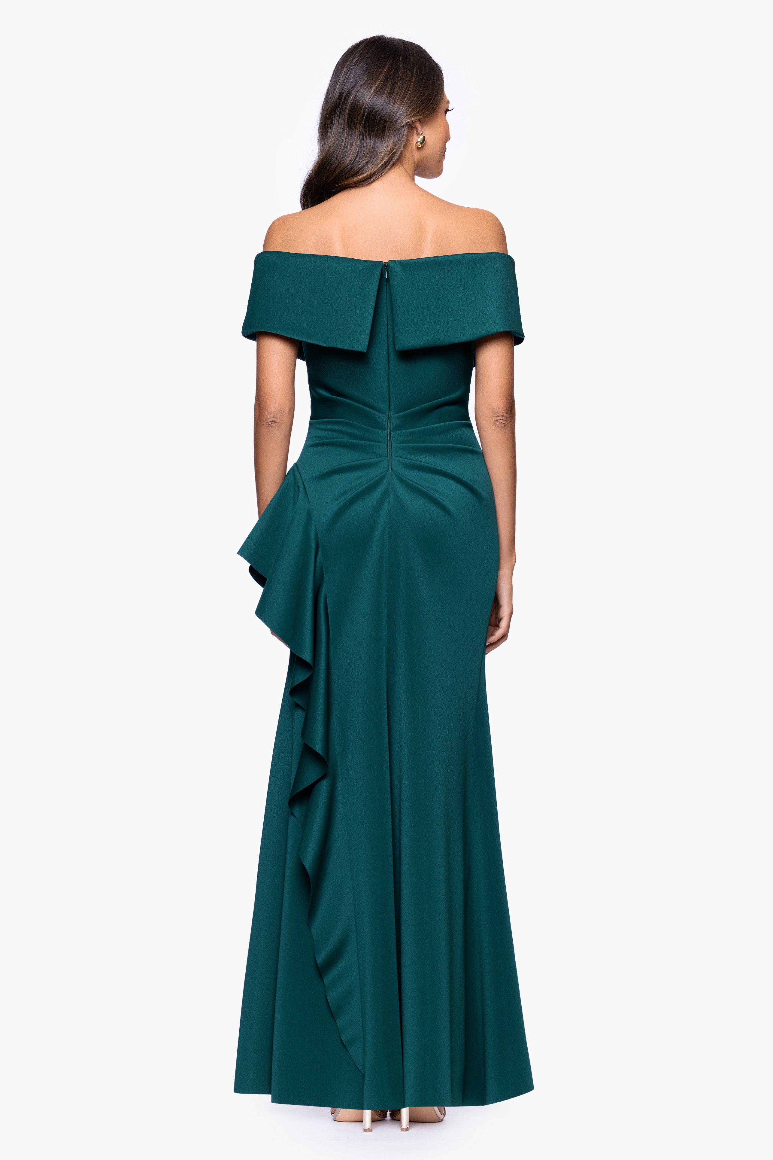 Petite "Pearl" Techno Scuba Off the Shoulder Ruffle Floor Length Dress