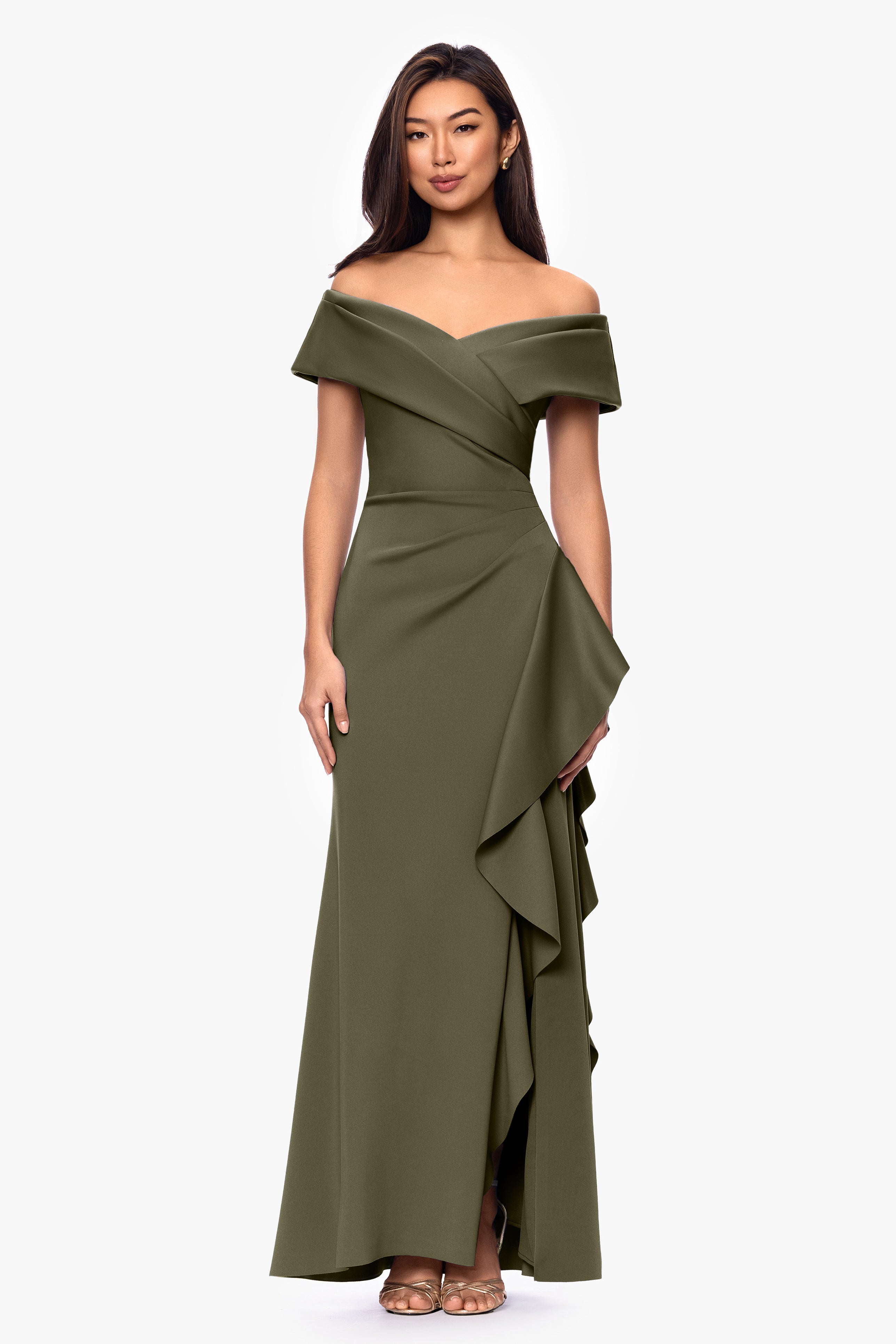 Petite "Pearl" Techno Scuba Off the Shoulder Ruffle Dress
