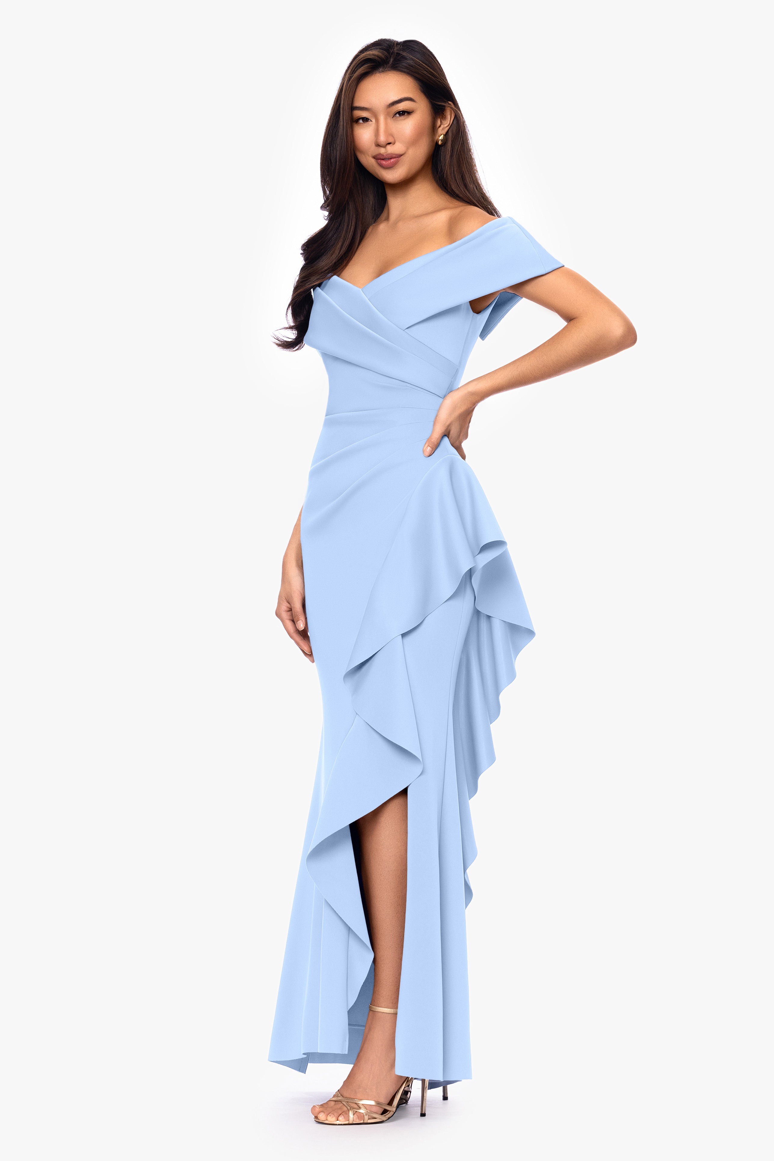 Petite "Pearl" Techno Scuba Off the Shoulder Ruffle Floor Length Dress