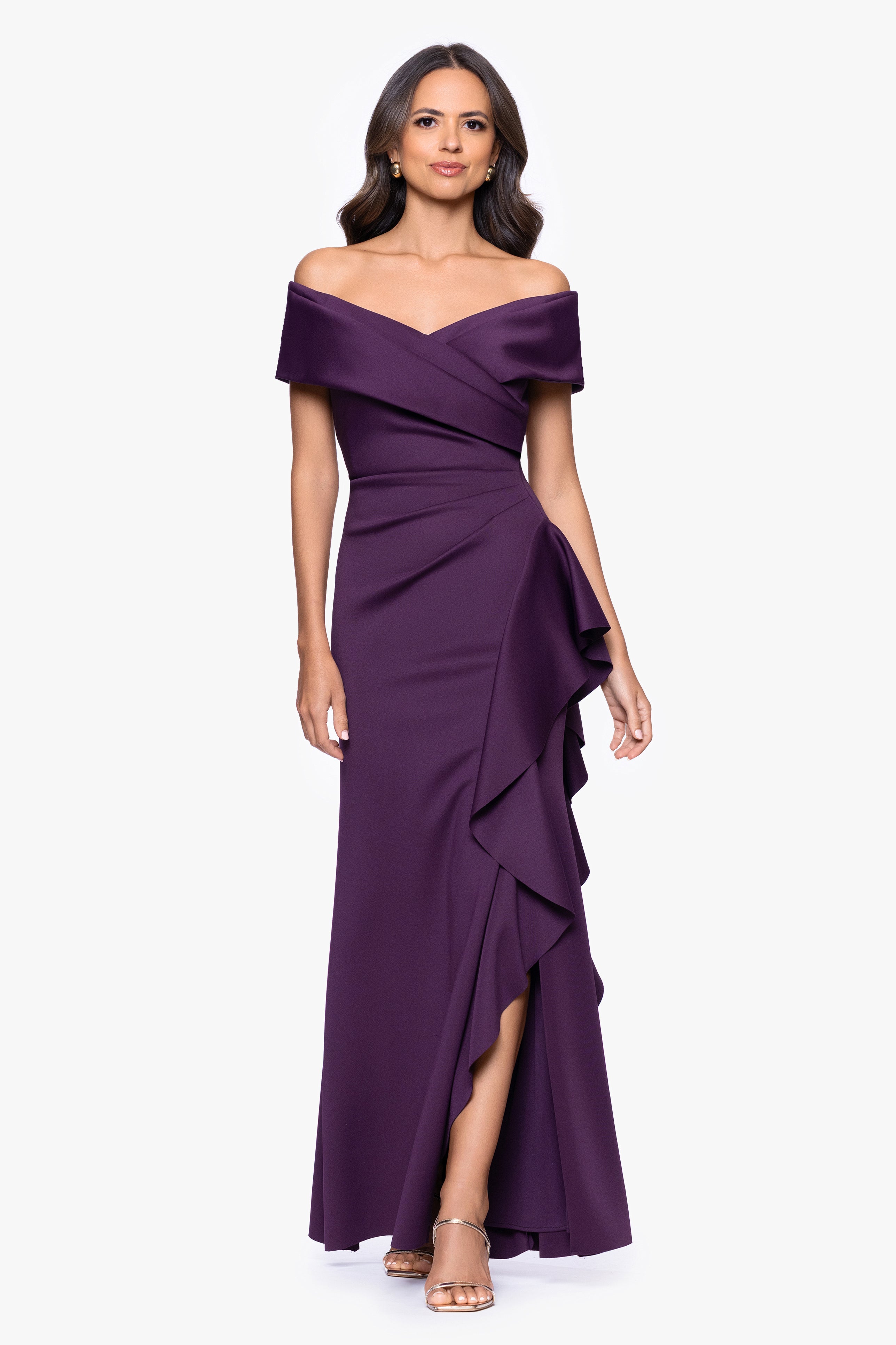 Petite "Pearl" Techno Scuba Off the Shoulder Ruffle Floor Length Dress