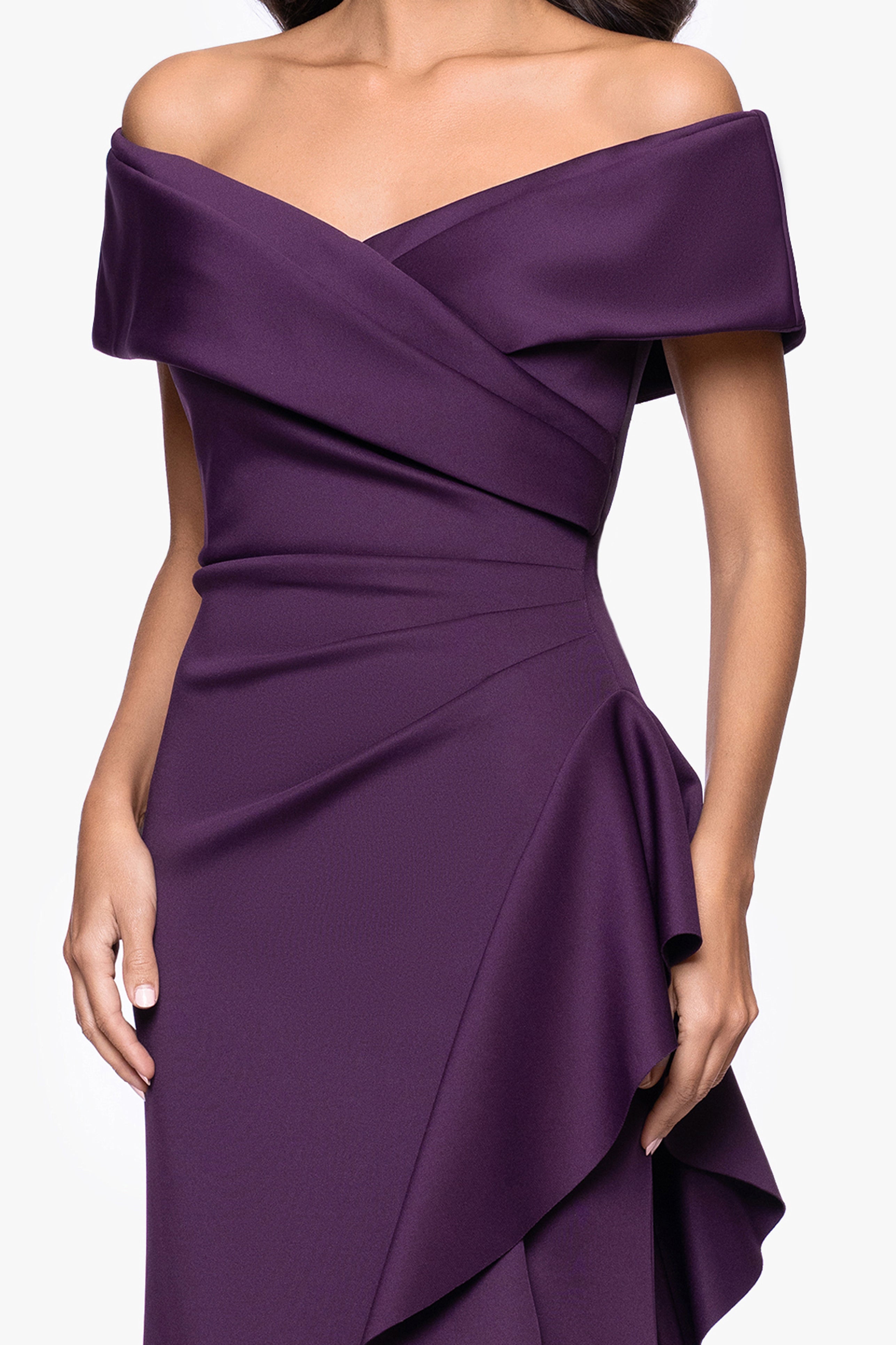 Petite "Pearl" Techno Scuba Off the Shoulder Ruffle Floor Length Dress