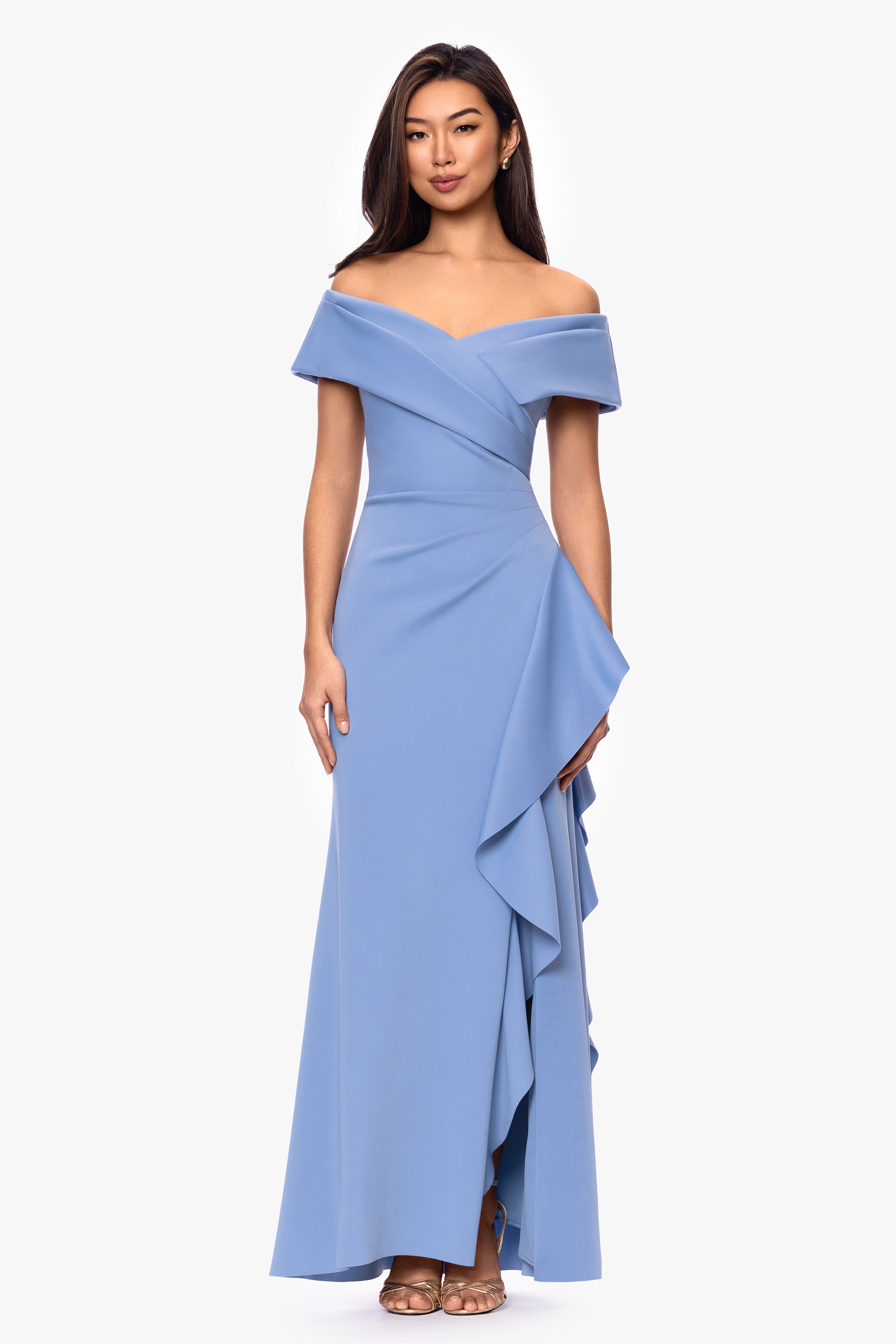 "Pearl" Techno Scuba Off the Shoulder Ruffle Floor Length Dress