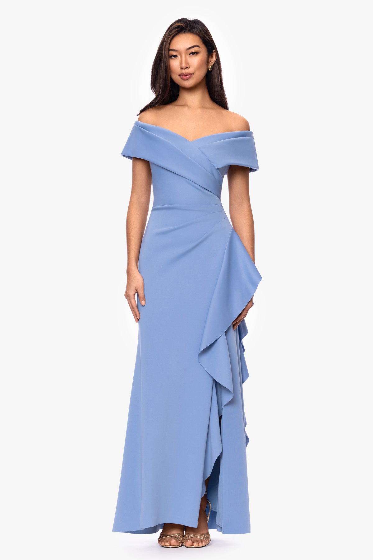 Petite "Pearl" Techno Scuba Off the Shoulder Ruffle Dress