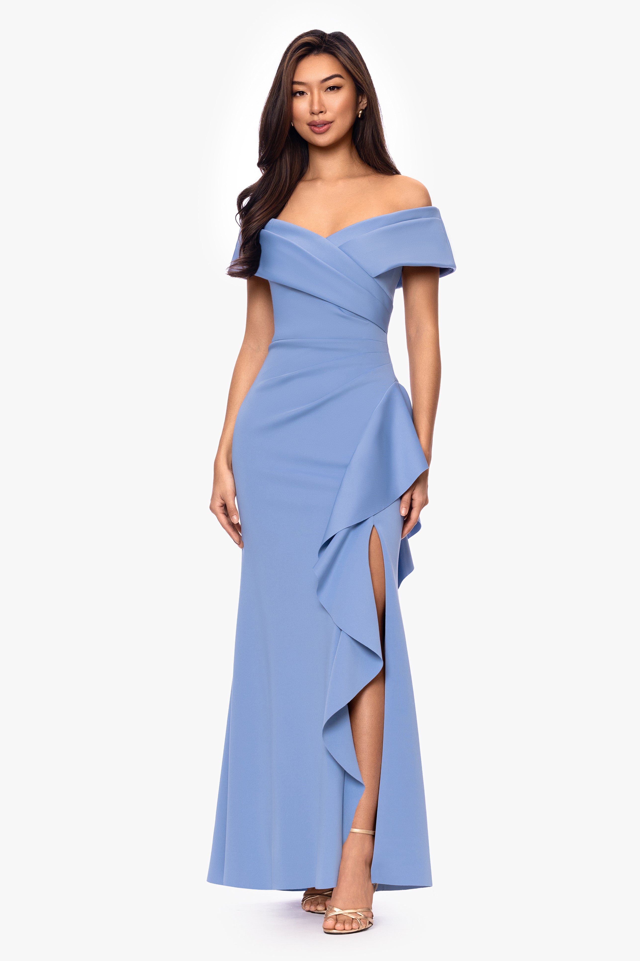 "Pearl" Techno Scuba Off the Shoulder Ruffle Floor Length Dress