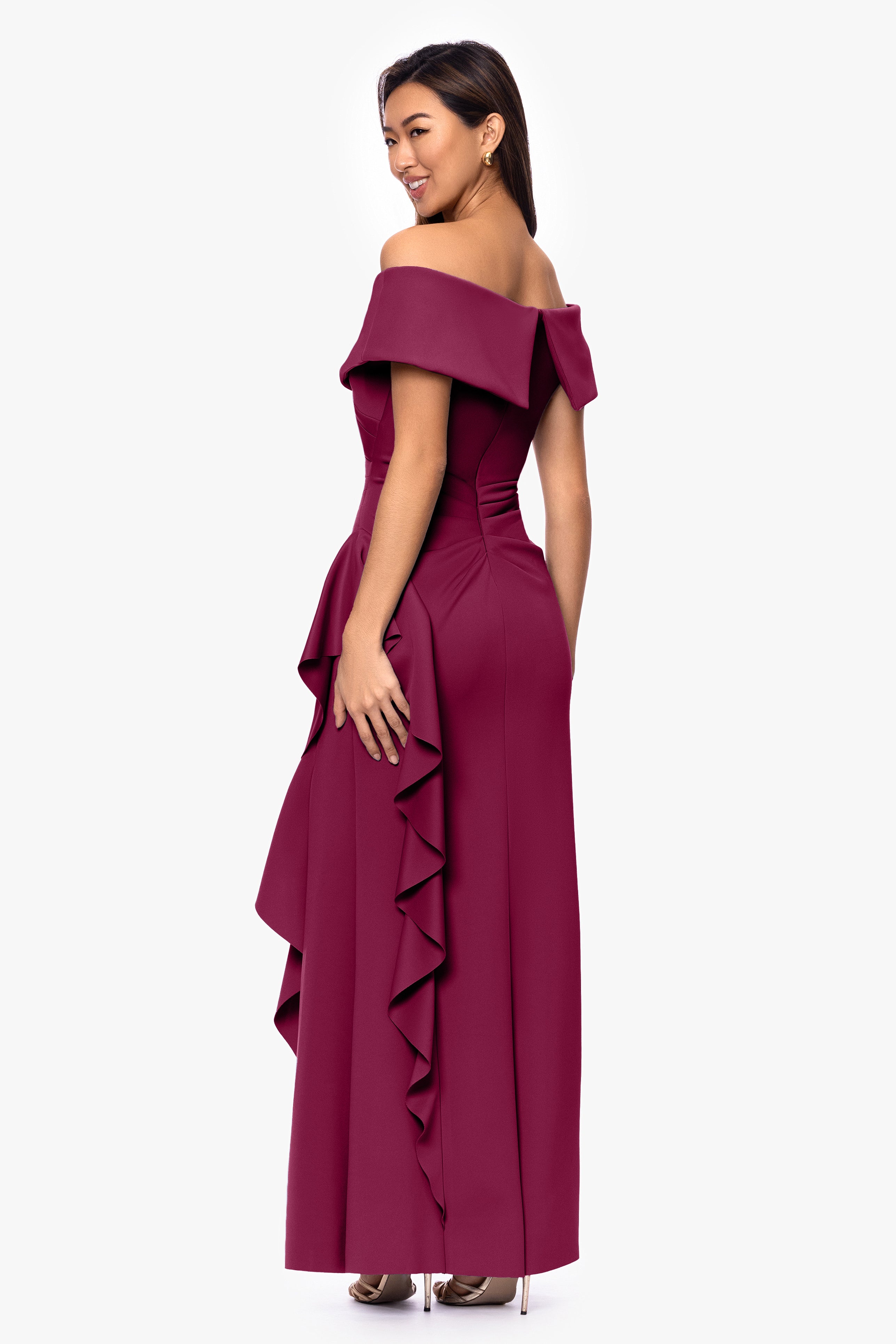 Petite "Pearl" Techno Scuba Off the Shoulder Ruffle Floor Length Dress