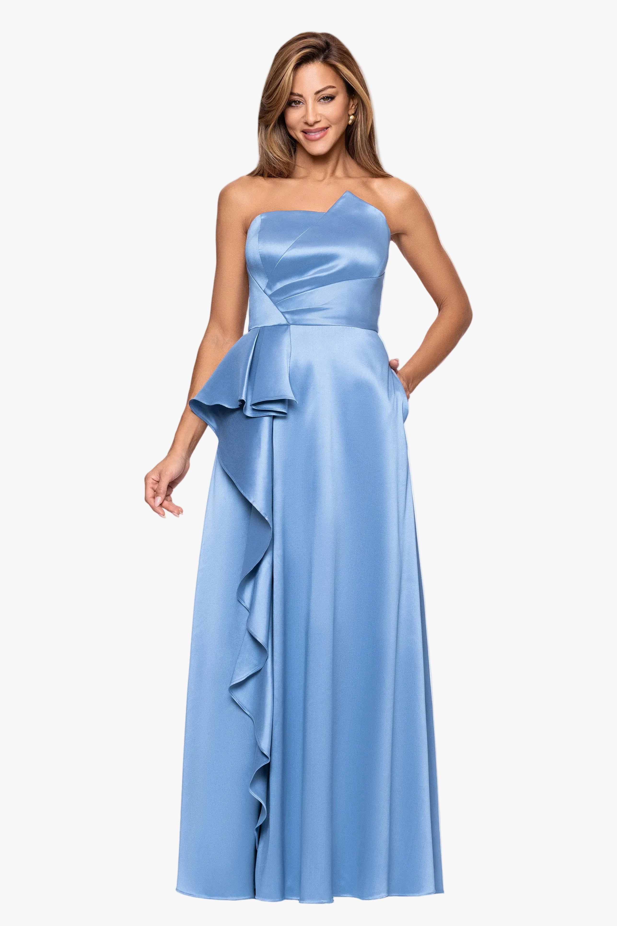 Petite "Marjorie" Mikado Asymmetrical Neckline Floor Length Dress