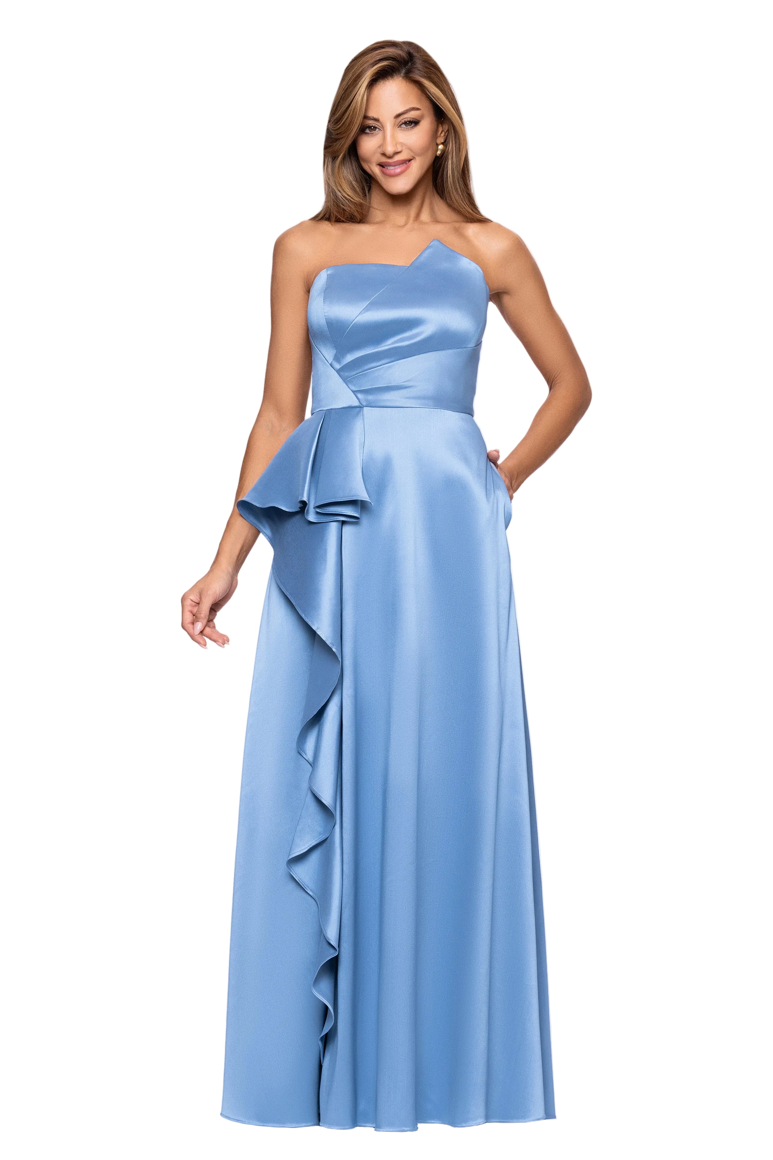 Petite "Marjorie" Mikado Asymmetrical Neckline Floor Length Dress