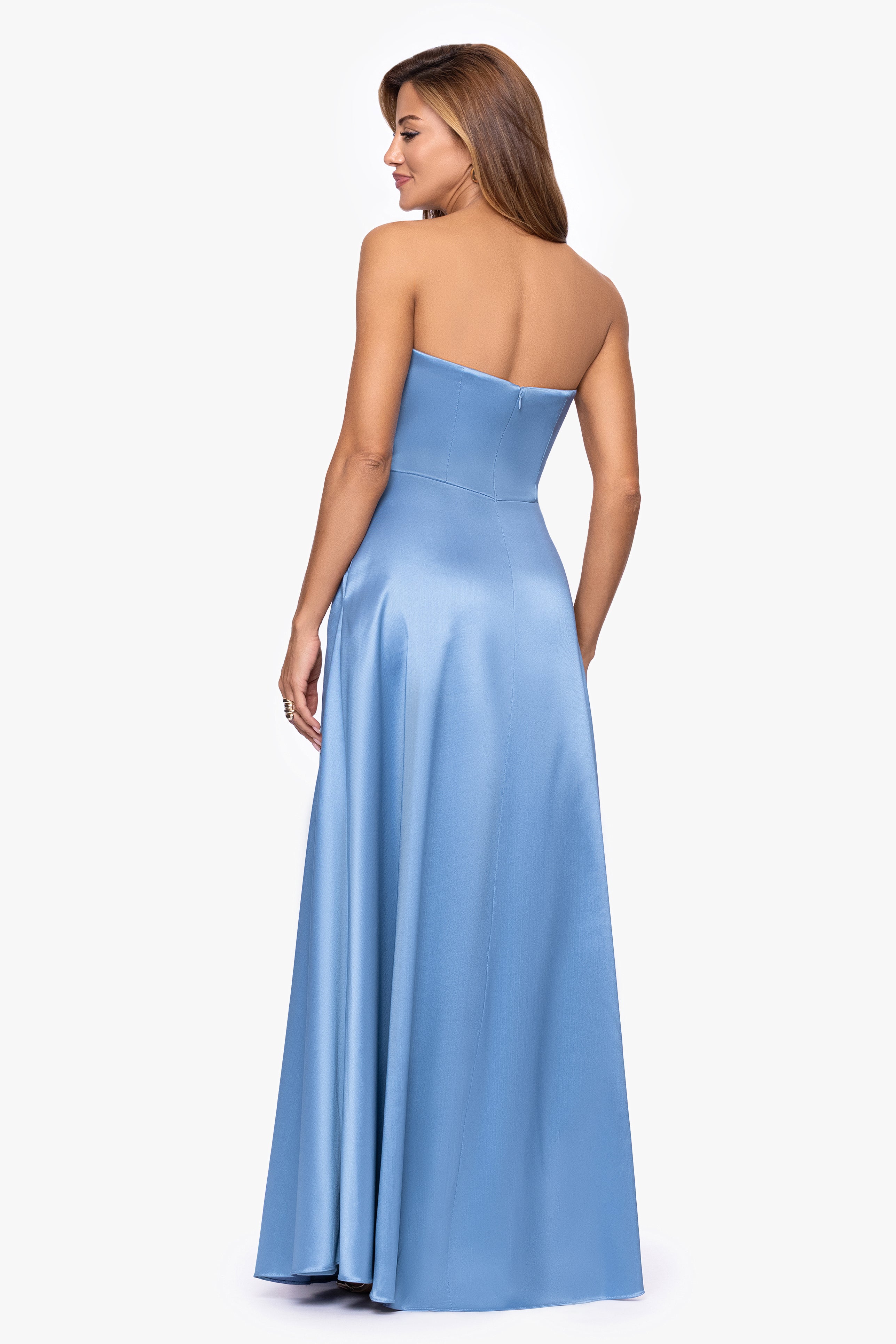 Petite "Marjorie" Mikado Asymmetrical Neckline Floor Length Dress