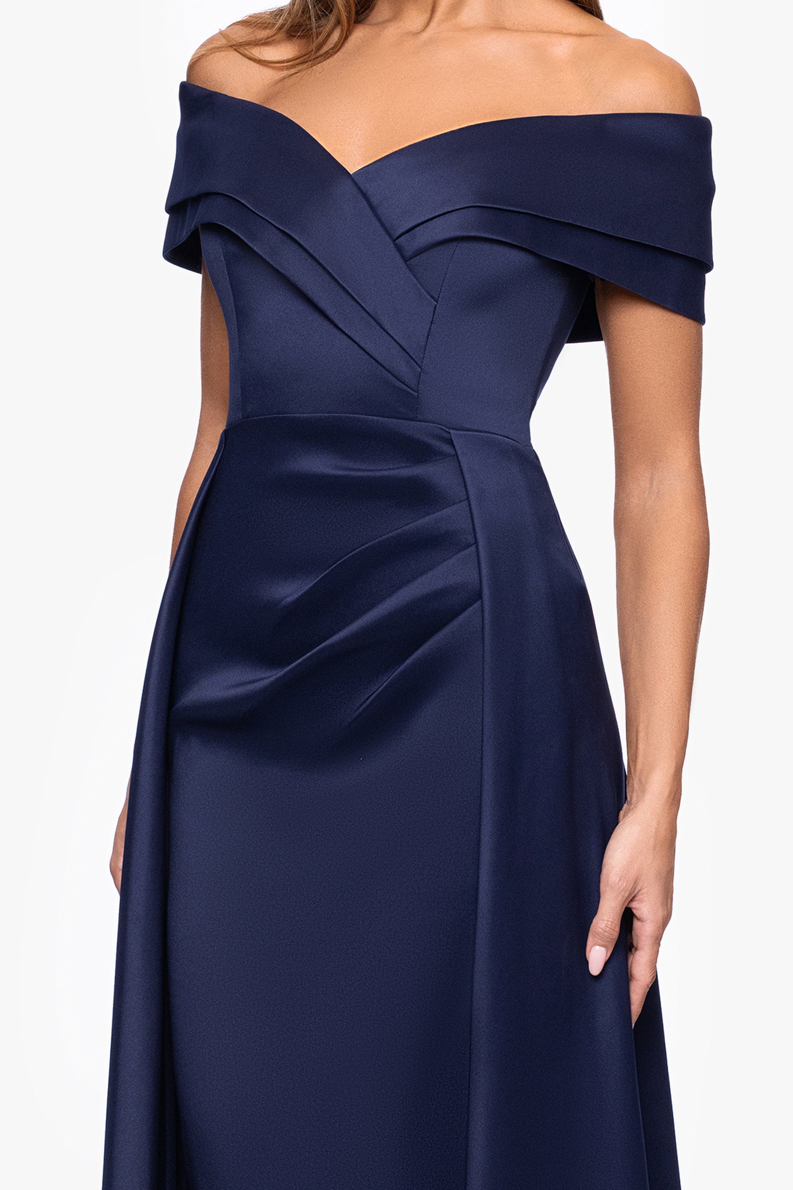 "Tina" Mikado Off the Shoulder Overlay Floor Length Dress