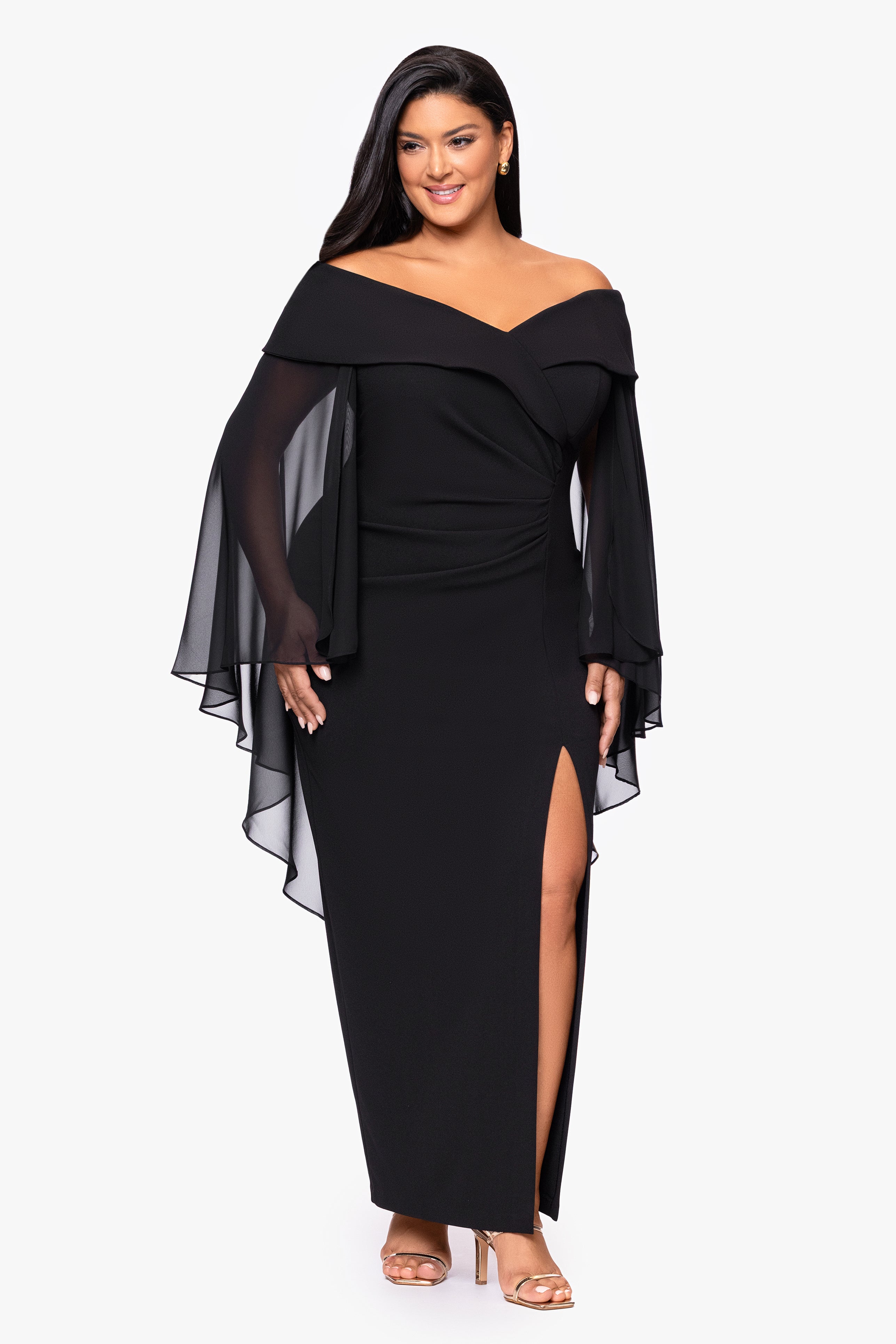Plus "Rosaline" Scuba Crepe Off the Shoulder Chiffon Cape Floor Length Dress