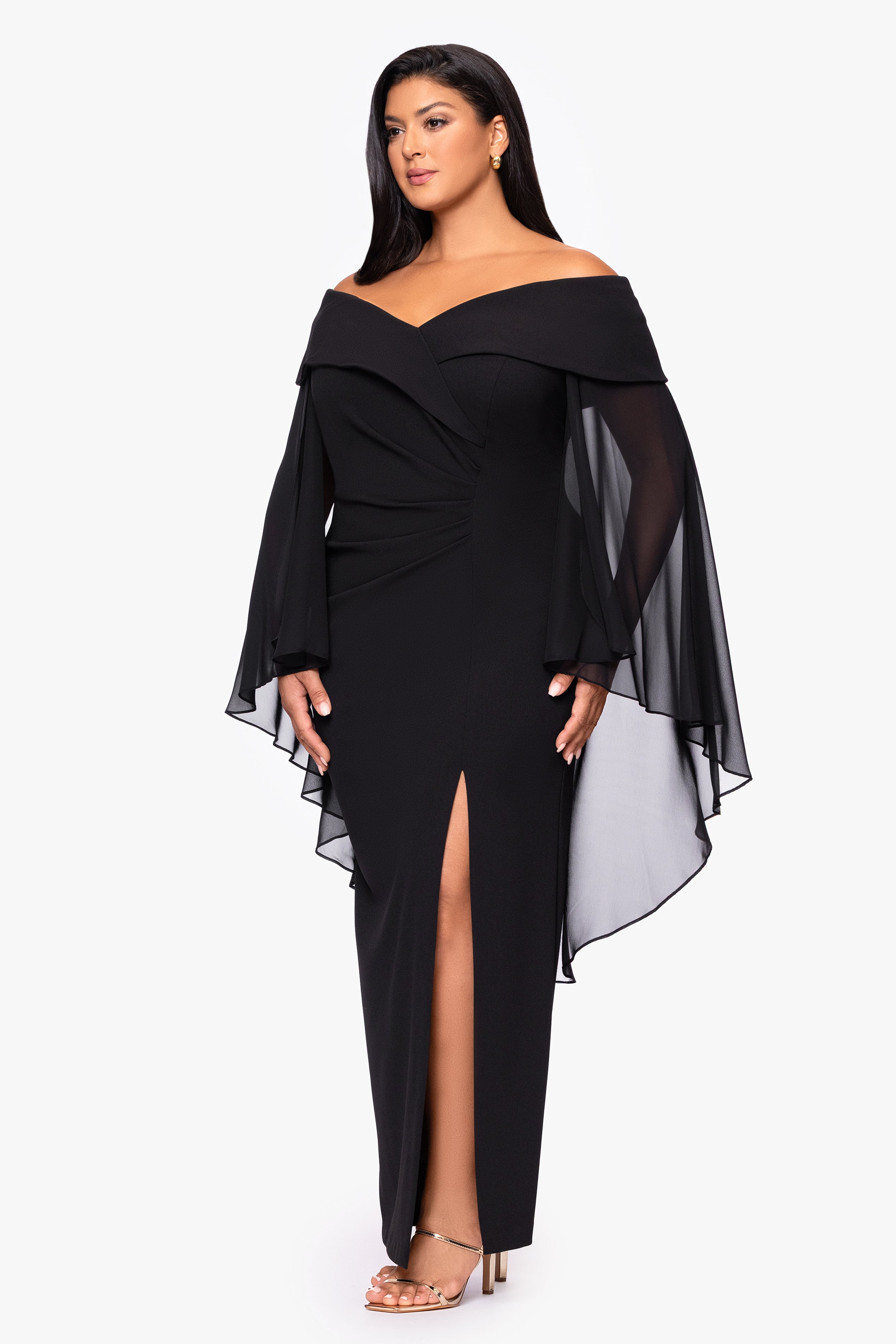 Plus "Rosaline" Scuba Crepe Off the Shoulder Chiffon Cape Floor Length Dress