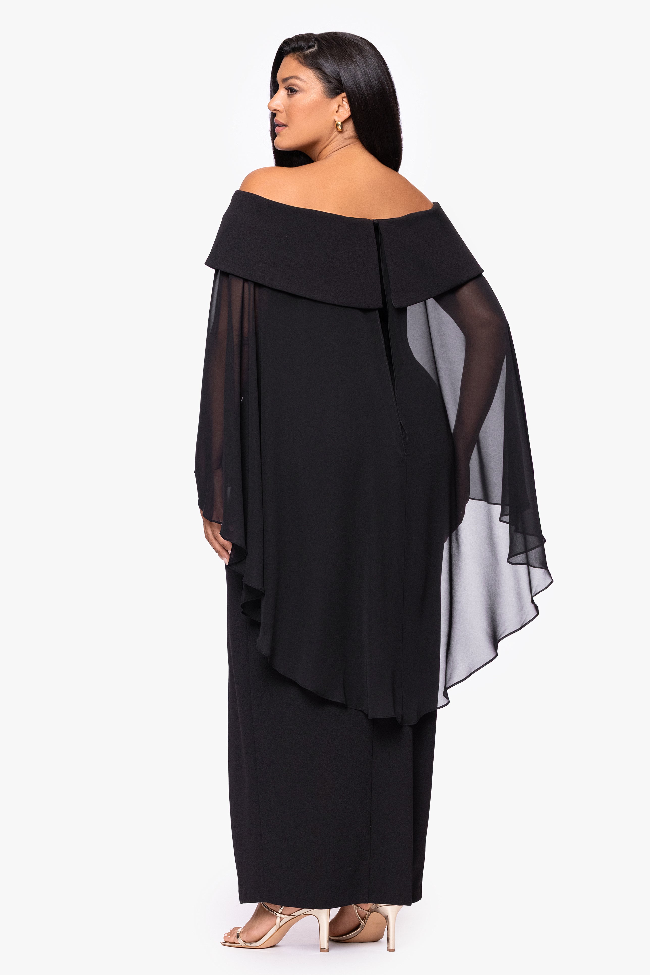 Plus "Rosaline" Scuba Crepe Off the Shoulder Chiffon Cape Floor Length Dress