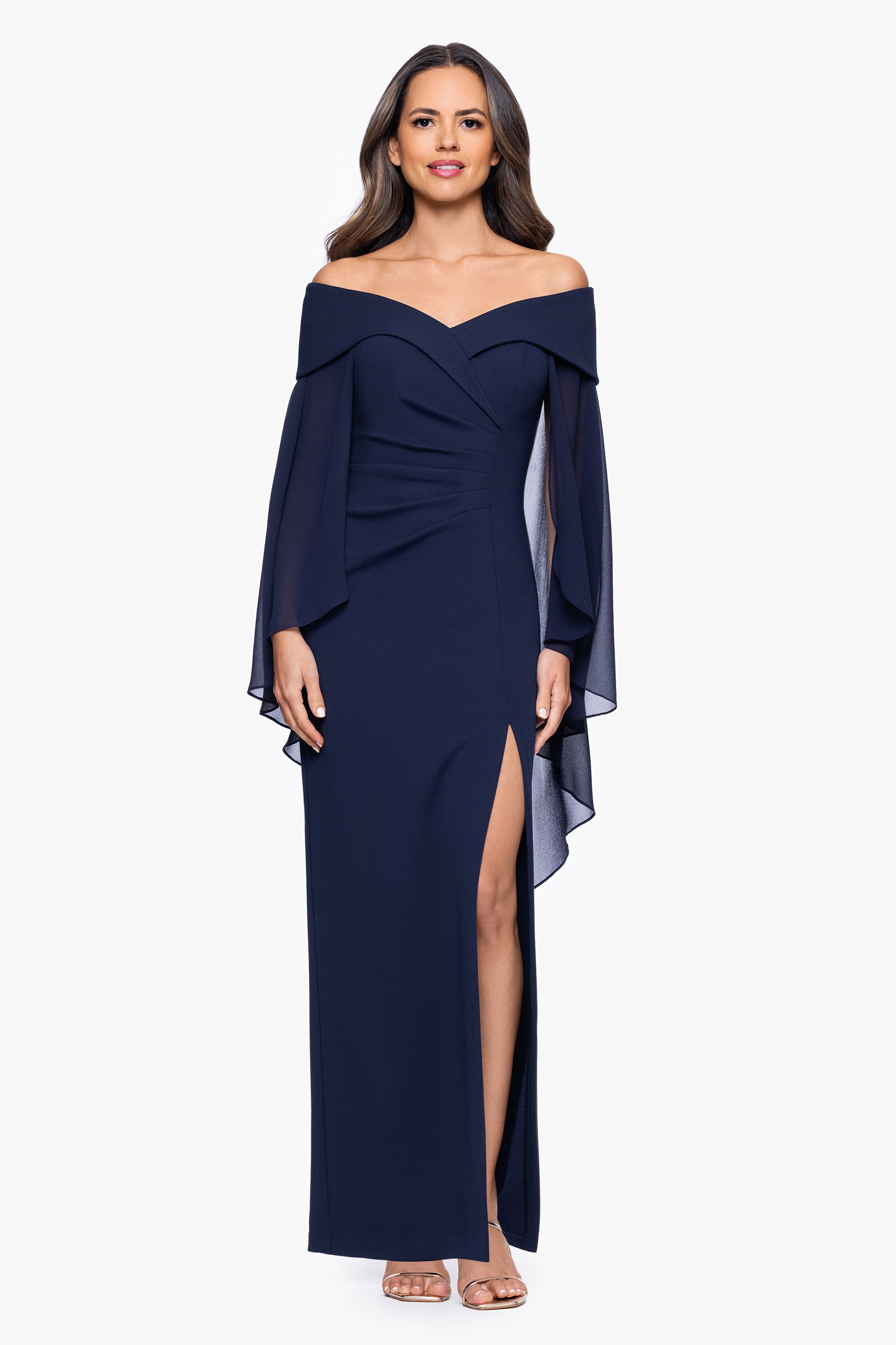 "Rosaline" Scuba Crepe Off the Shoulder Chiffon Cape Floor Length Dress