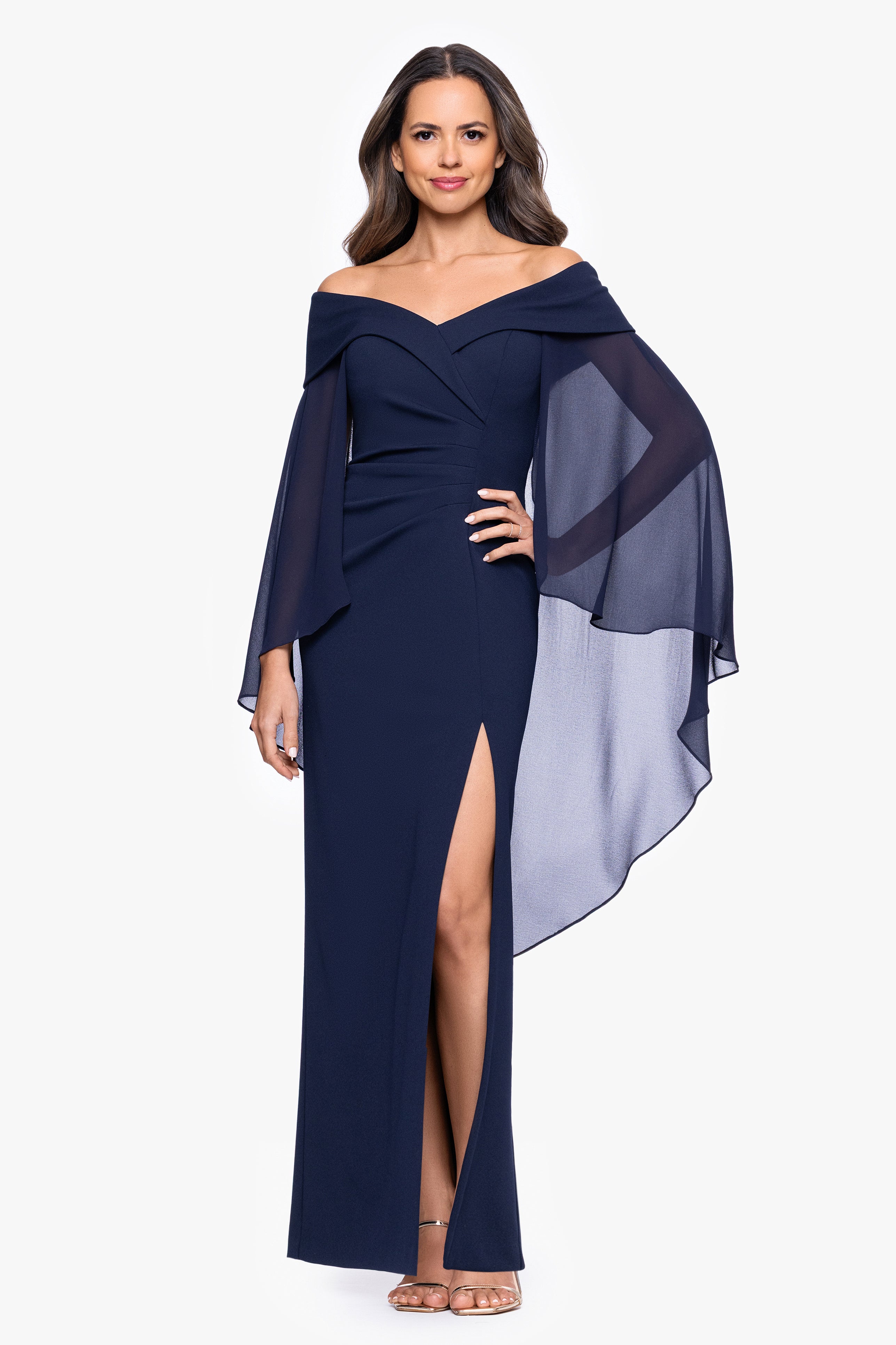 Petite "Rosaline" Scuba Crepe Off the Shoulder Chiffon Cape Floor Length Dress
