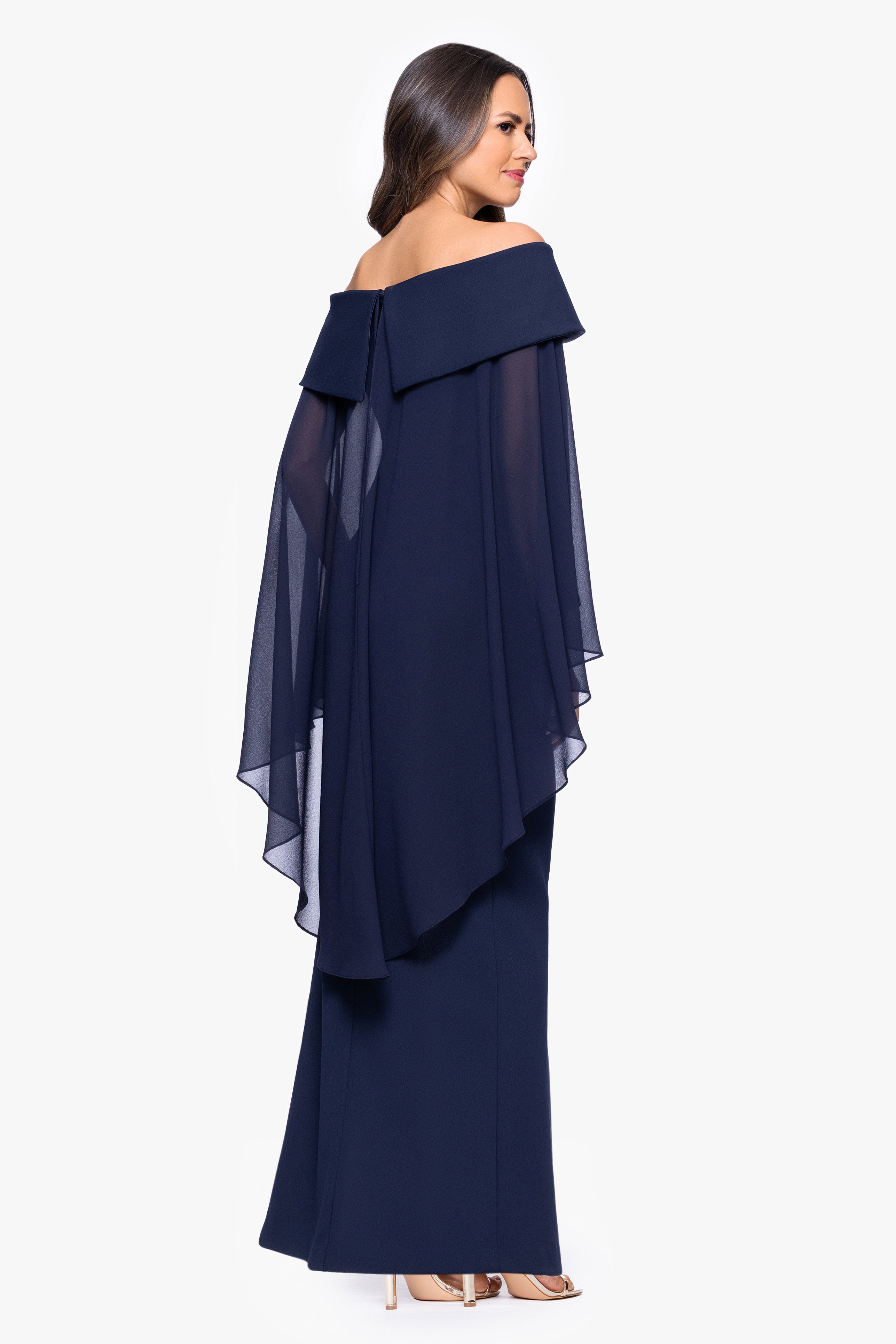 Petite "Rosaline" Scuba Crepe Off the Shoulder Chiffon Cape Floor Length Dress