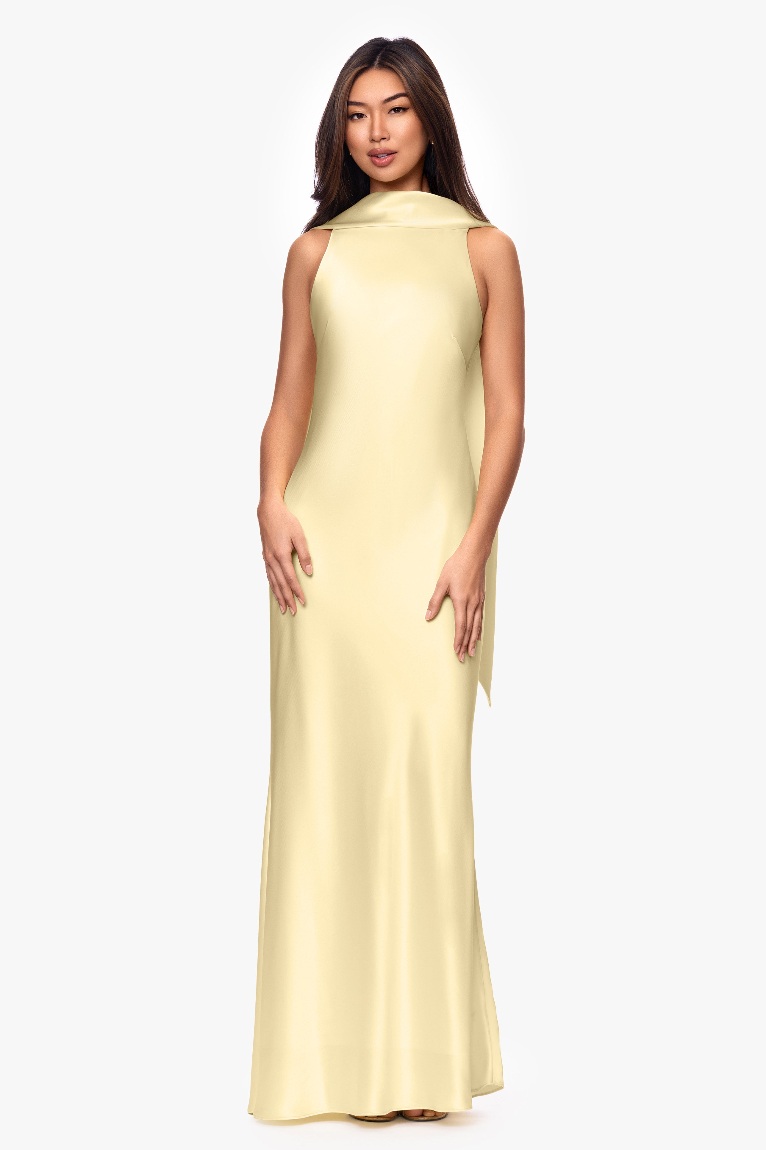 "Mackenzie" Satin Back Sash Floor Length Dress