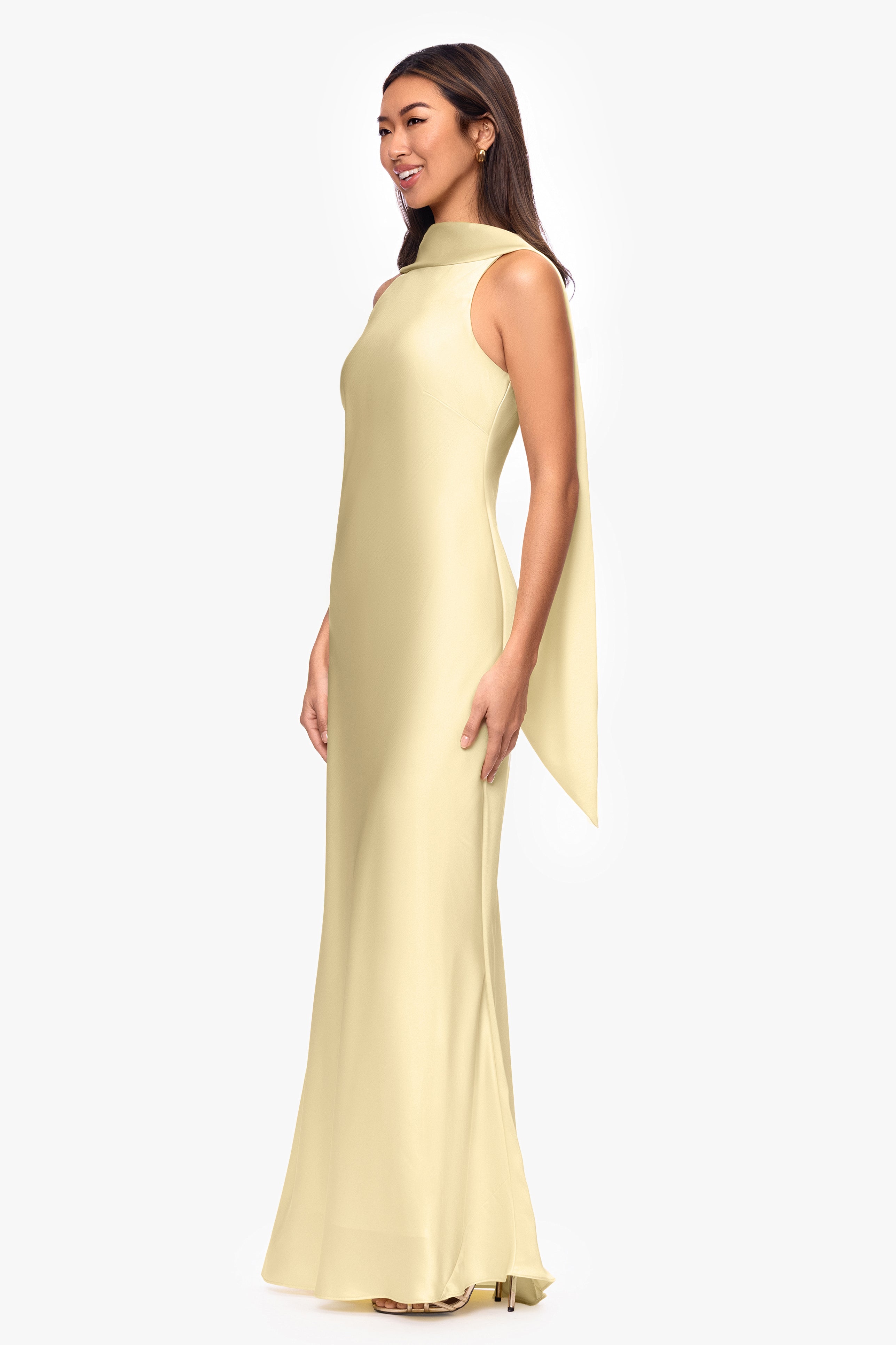 "Mackenzie" Satin Back Sash Floor Length Dress
