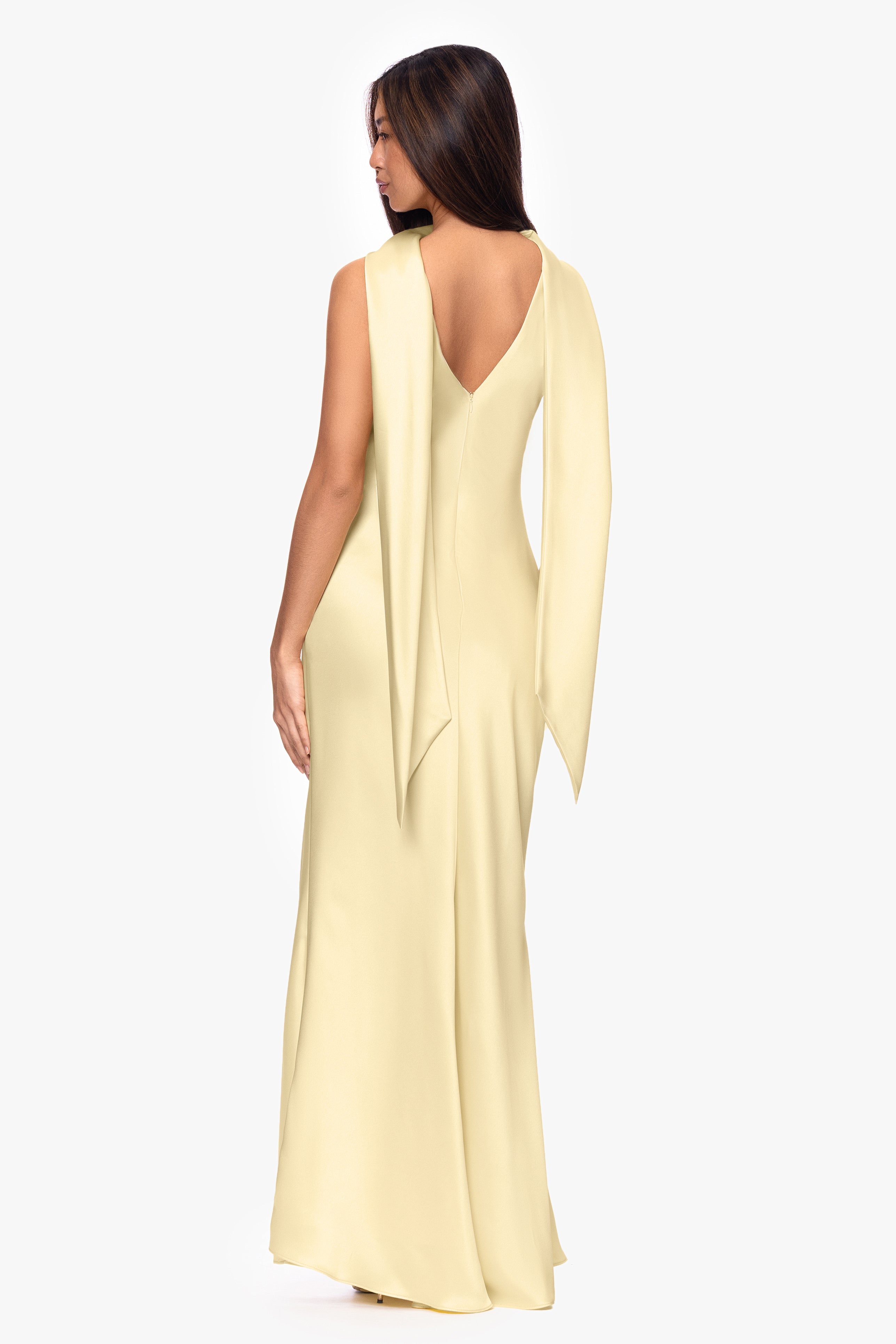 "Mackenzie" Satin Back Sash Floor Length Dress