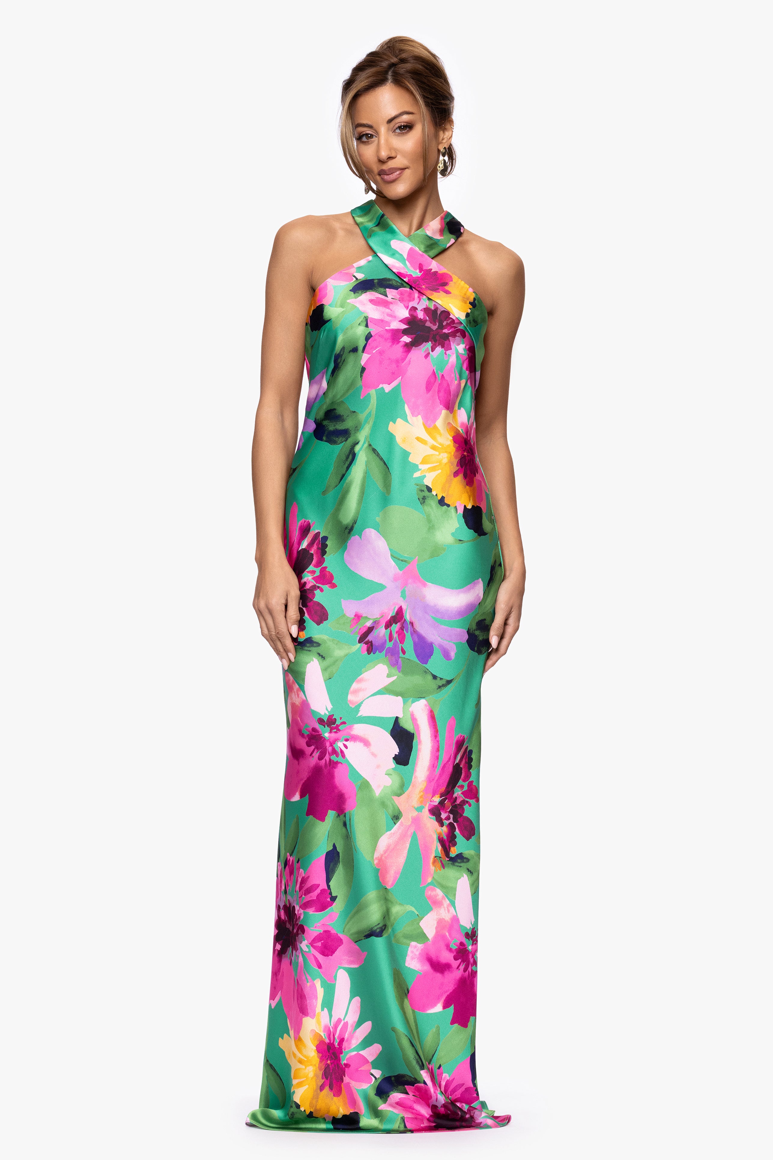 "Tamra" Print Halter Neck Floor Length Dress