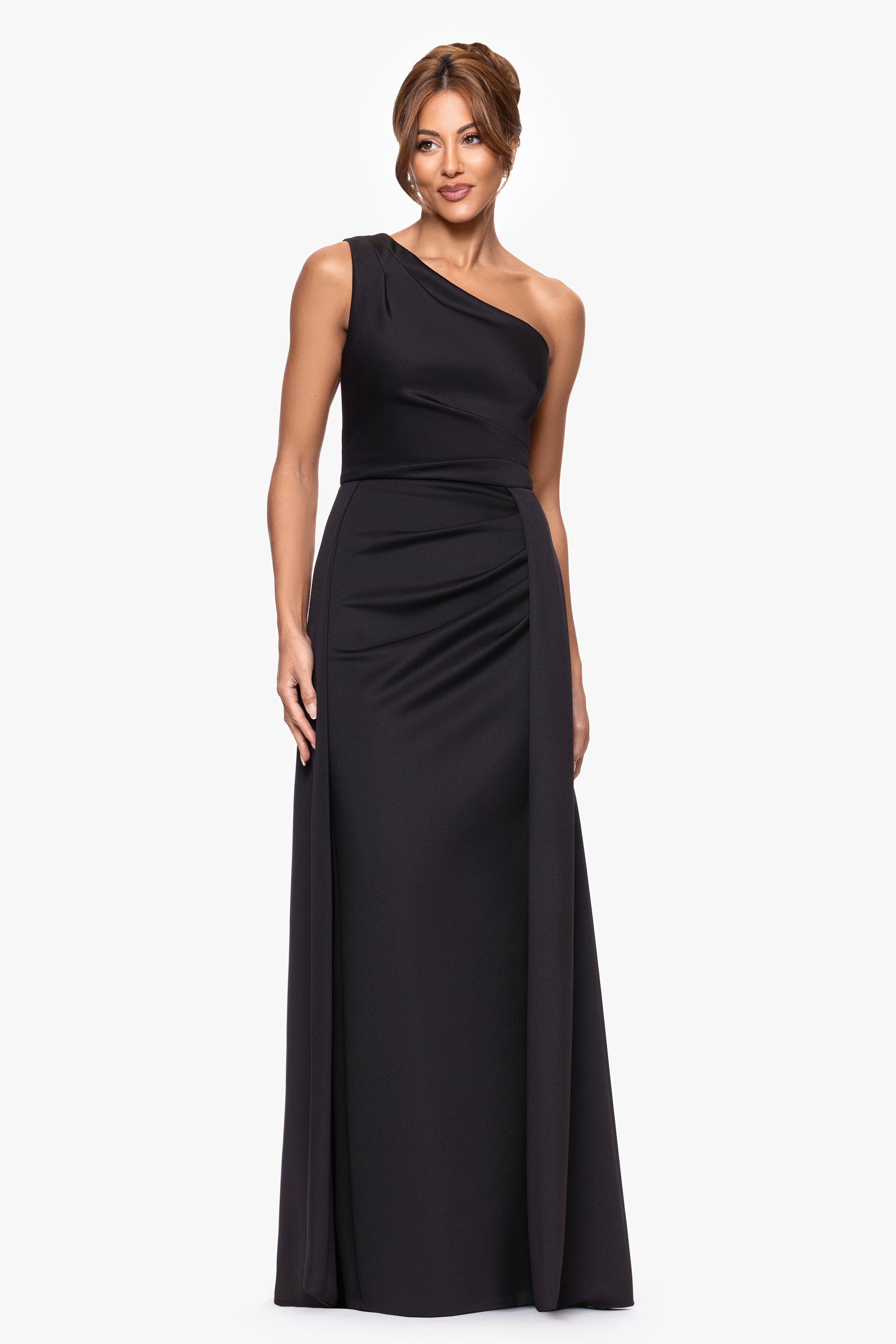 "Jalen" Techno Scuba One Shoulder Back Drape Floor Length Dress
