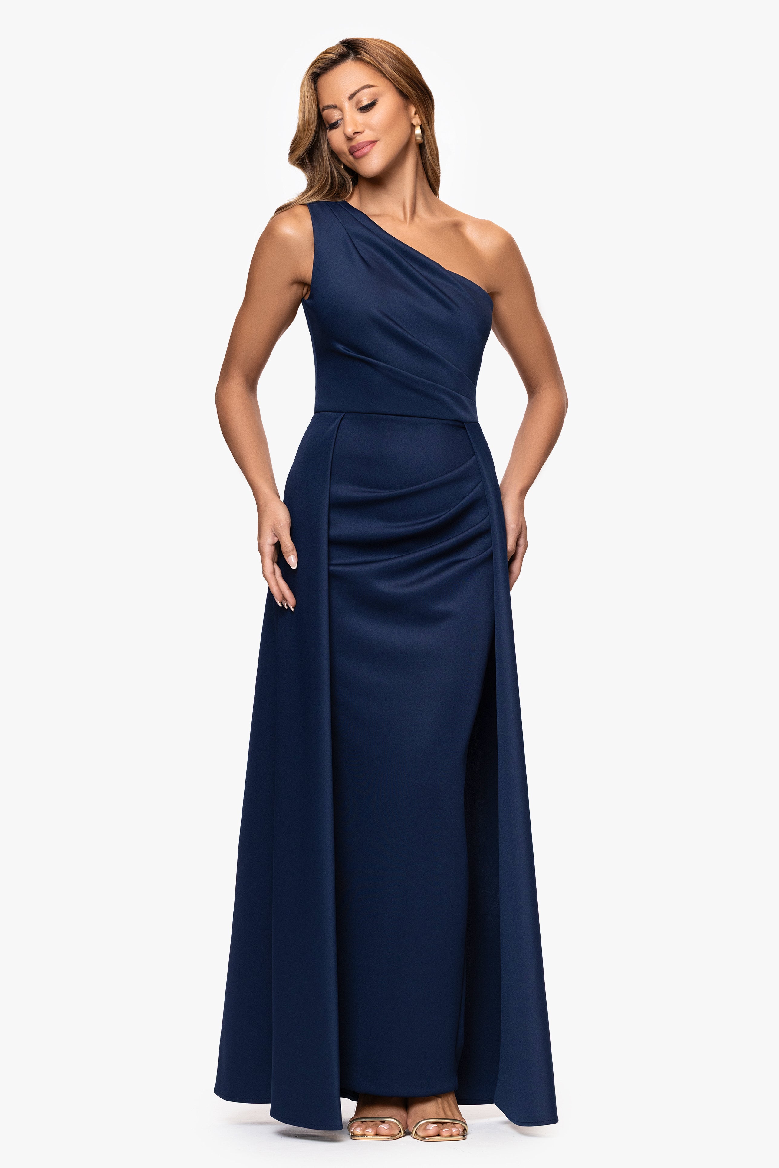 Petite "Jalen" Techno Scuba One Shoulder Back Drape Floor Length Dress