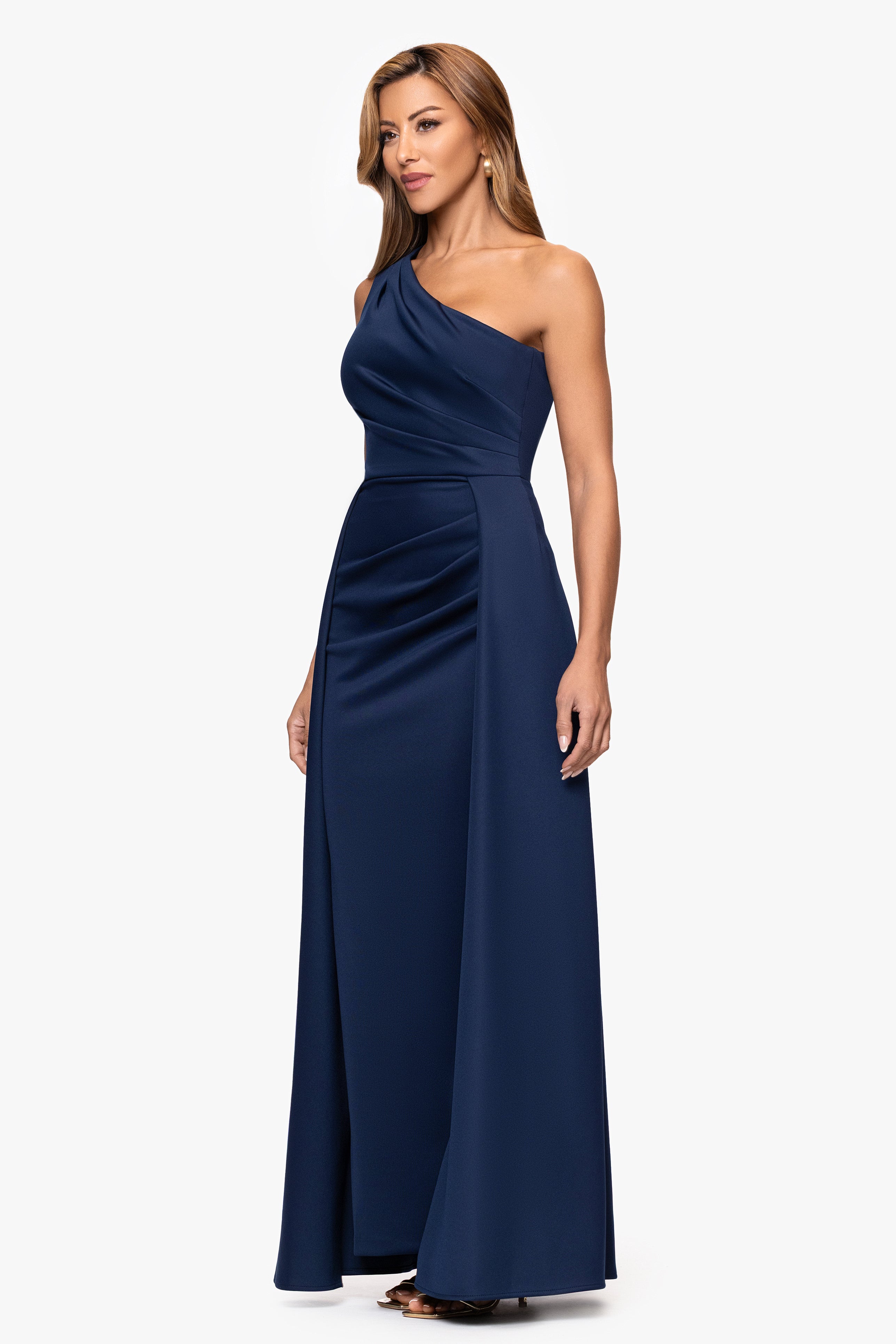 "Jalen" Techno Scuba One Shoulder Back Drape Floor Length Dress