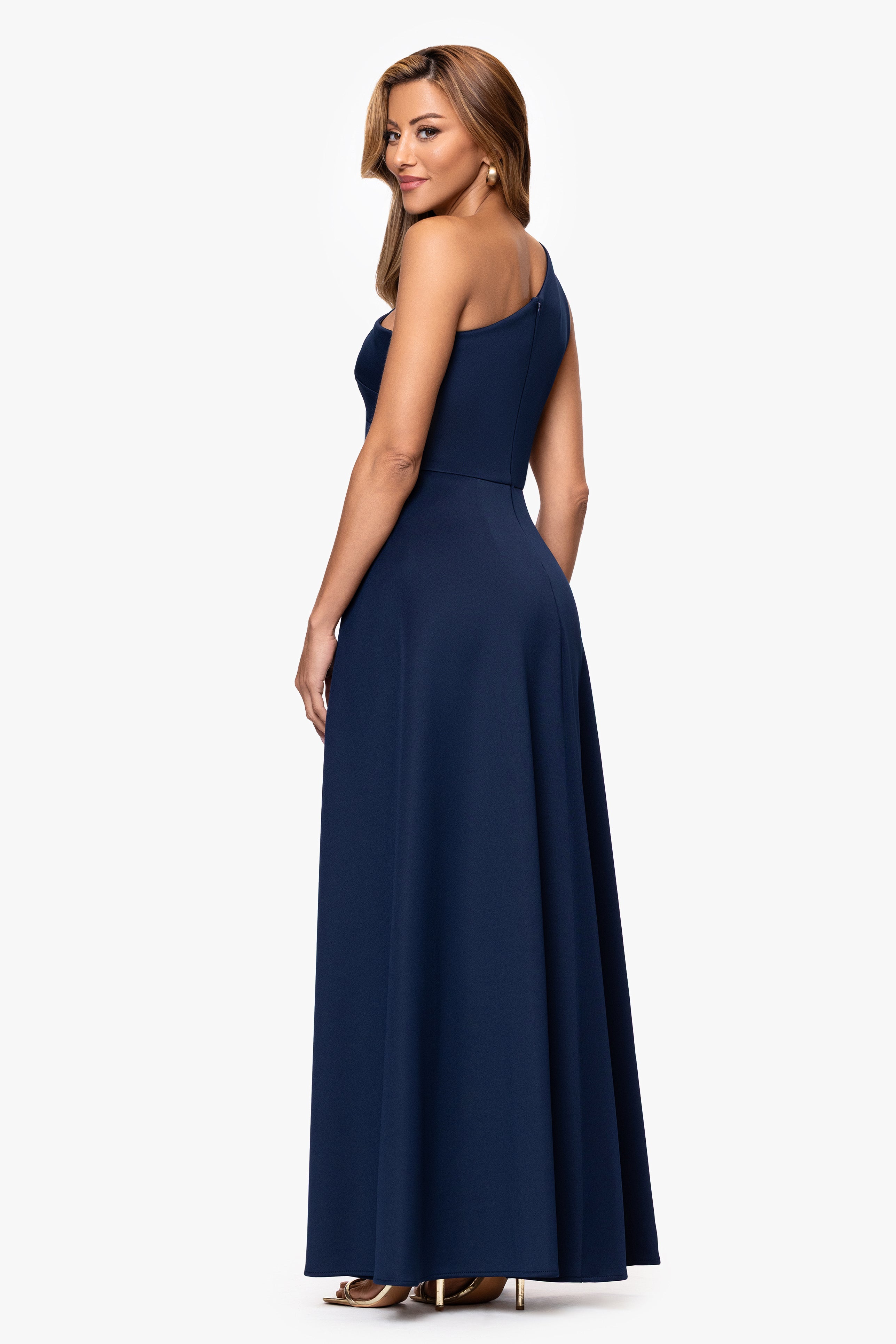 "Jalen" Techno Scuba One Shoulder Back Drape Floor Length Dress