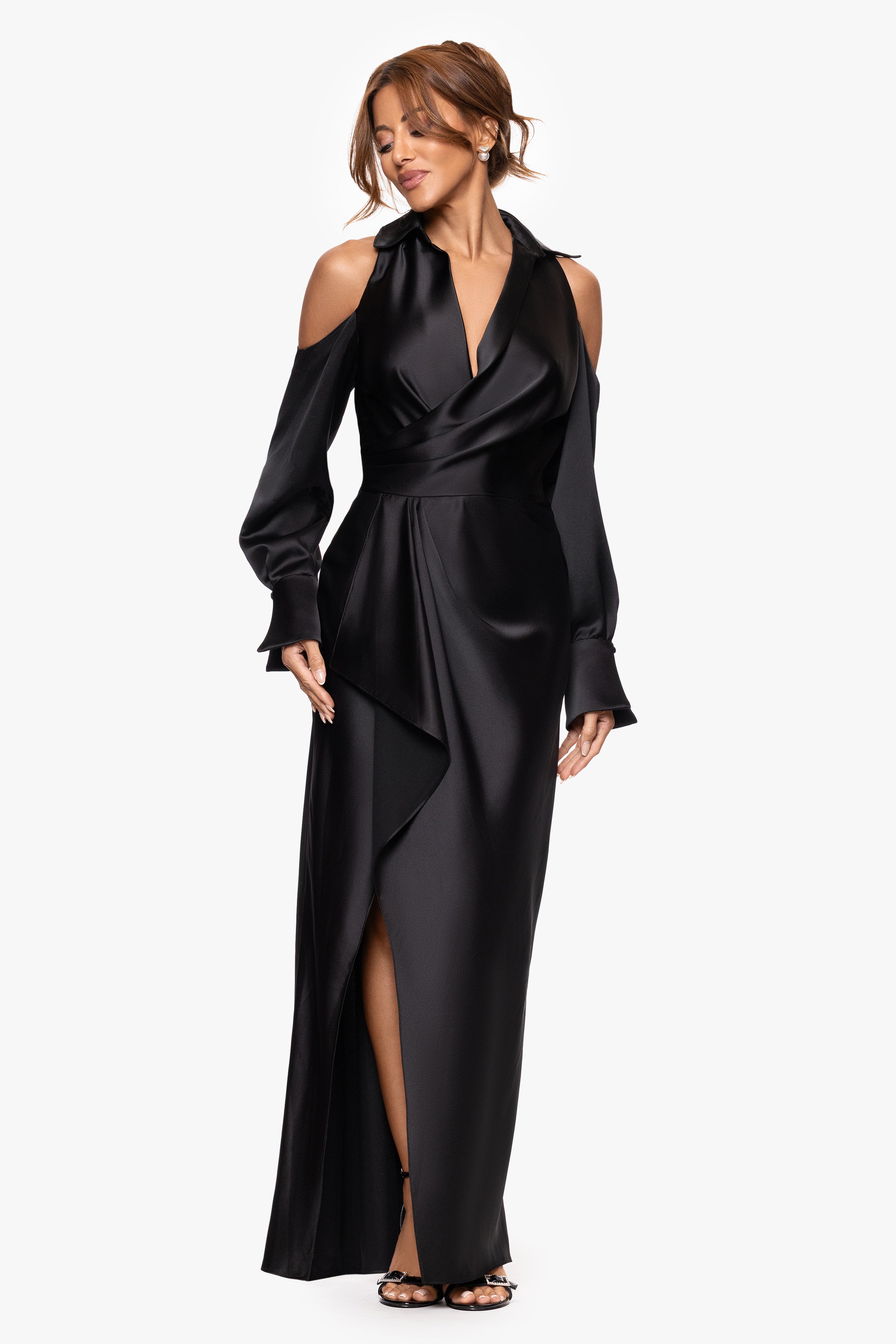 "Raya" Satin Cold Shoulder Collared Long Sleeve Dress