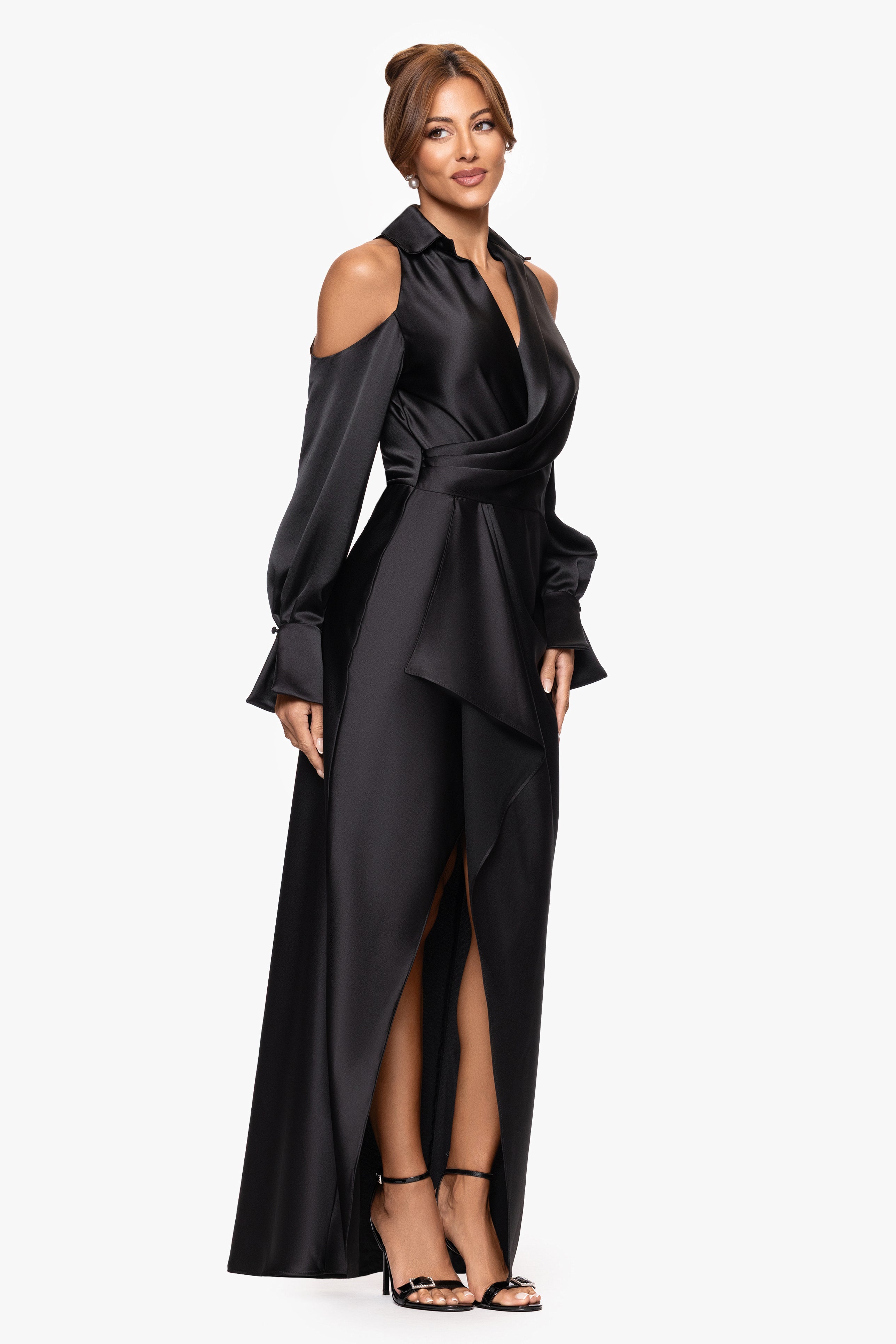 "Raya" Satin Cold Shoulder Collared Long Sleeve Dress