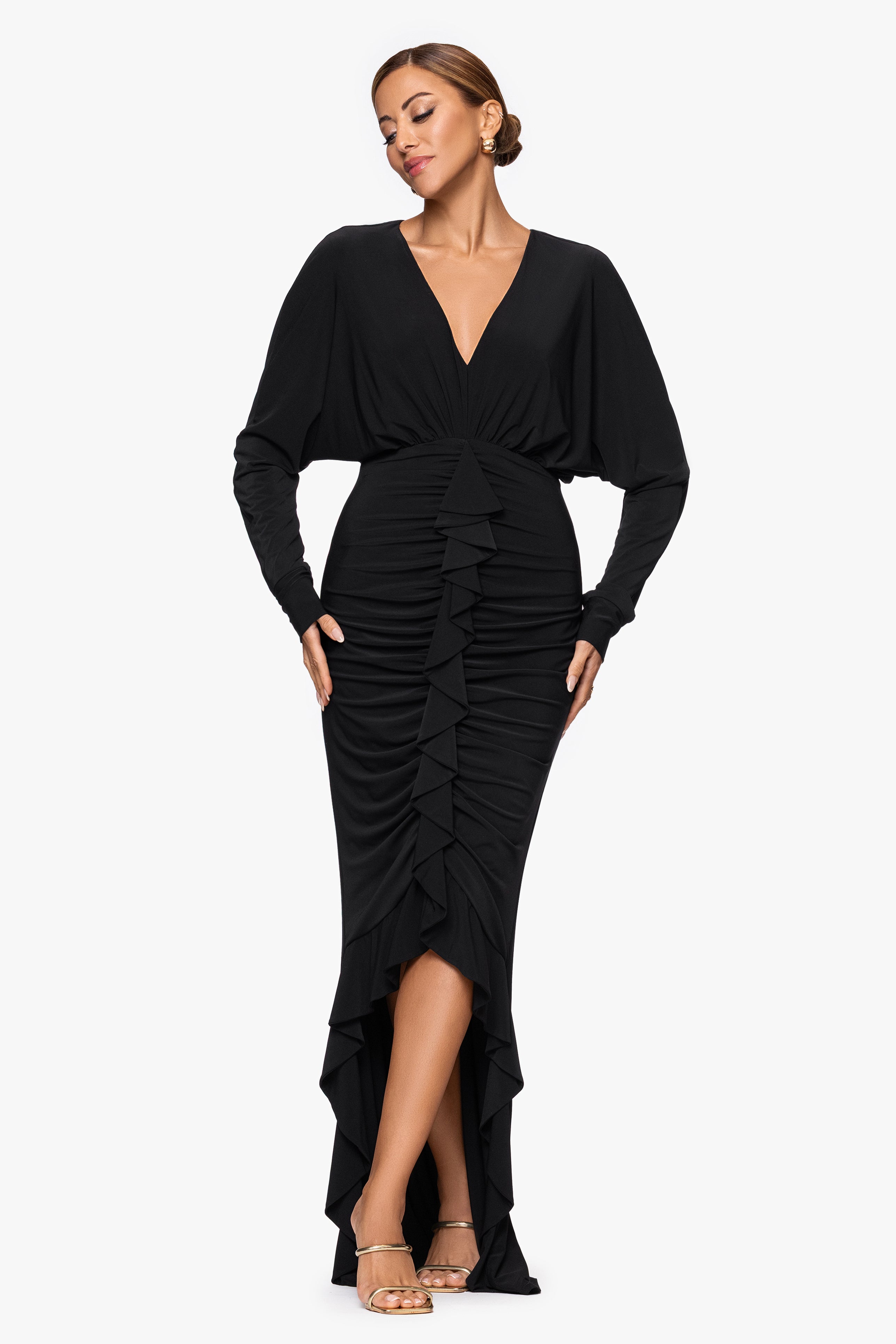 "Tia" Jersey Knit Rouched Floor Length Dress