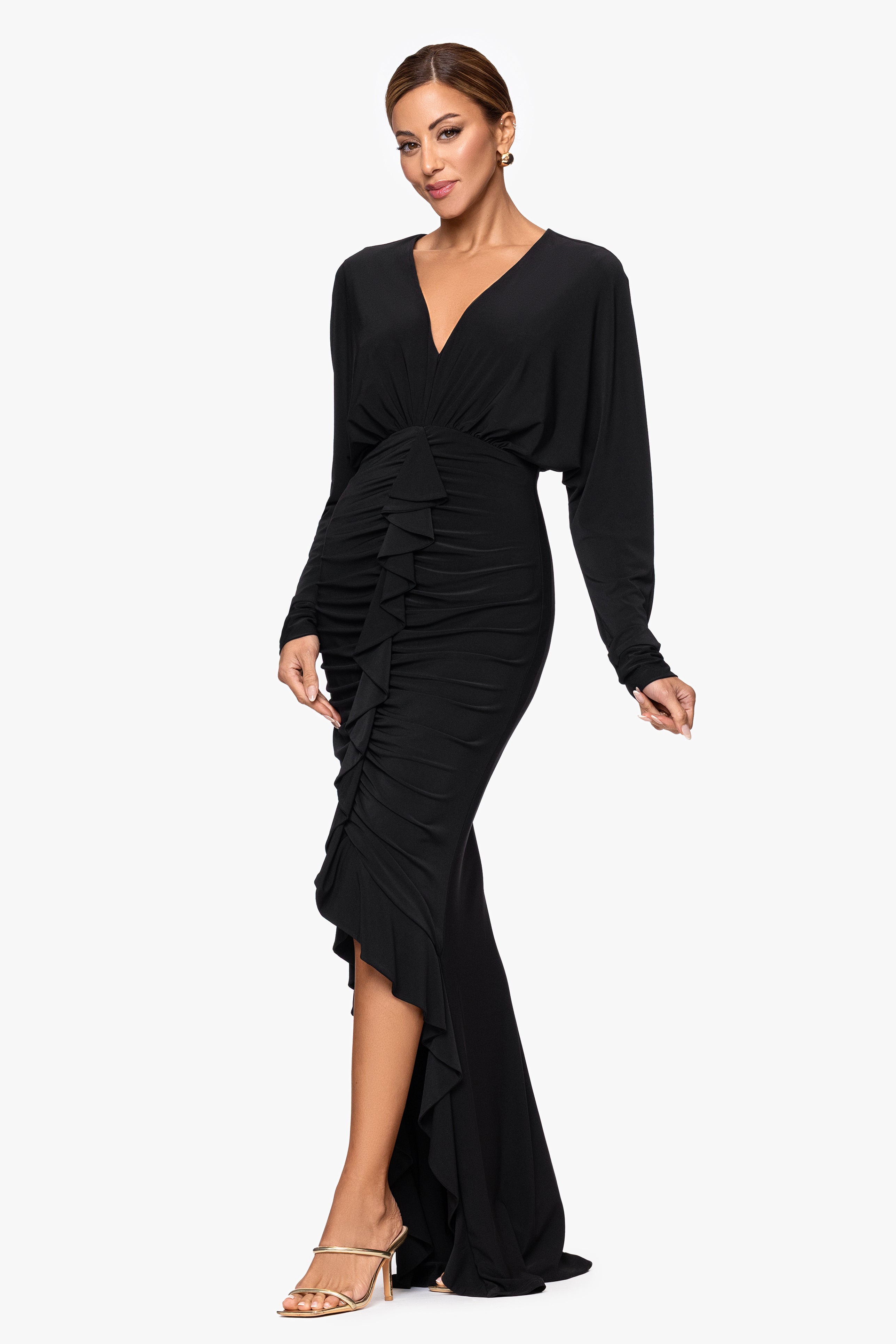 "Tia" Jersey Knit Rouched Floor Length Dress