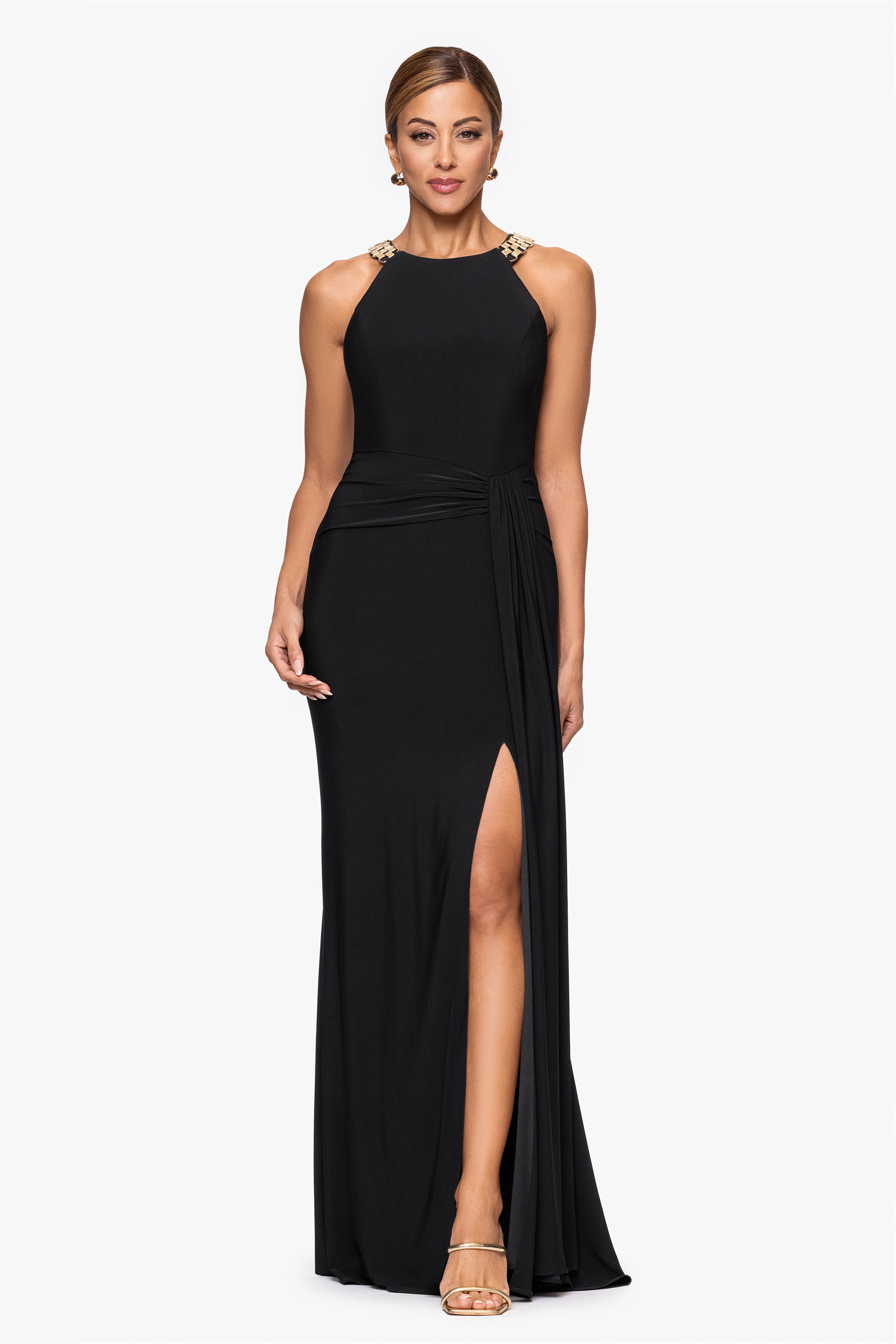 Petite "Malia" Jersey Knit Chain Embellished Floor Length Dress