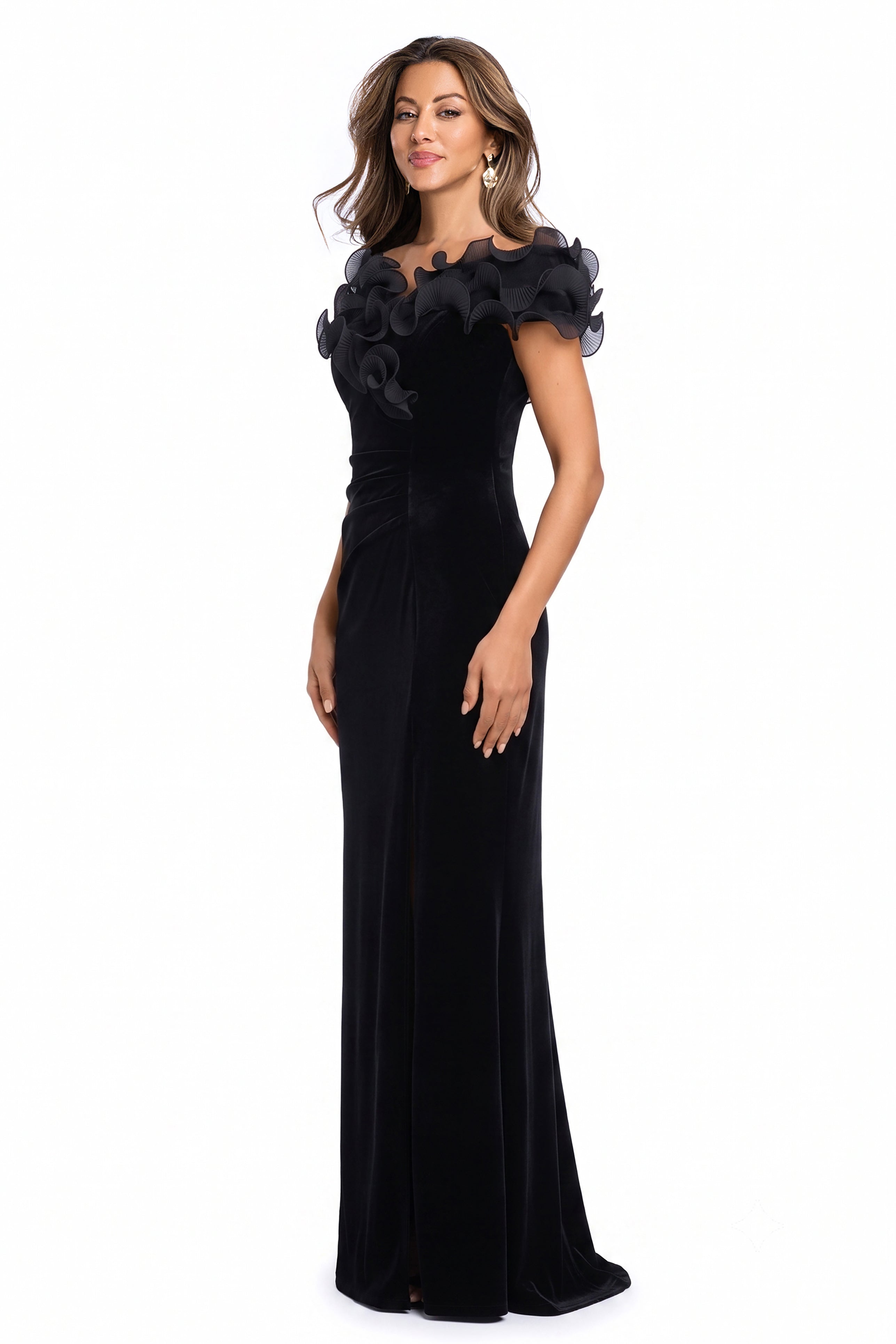 "Amora" Velvet Off The Shoulder Chiffon Ruffle Dress