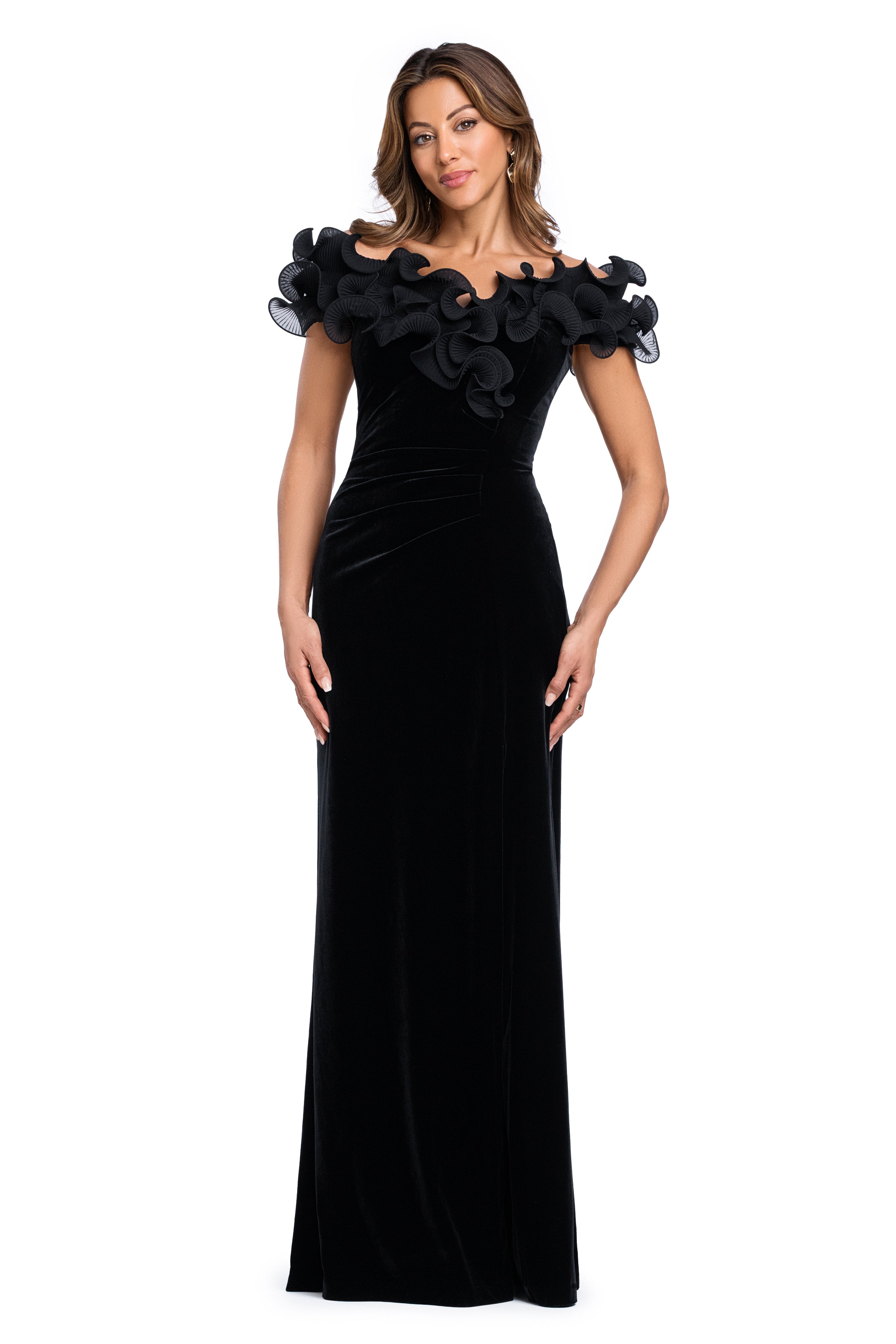 "Amora" Velvet Off The Shoulder Chiffon Ruffle Dress