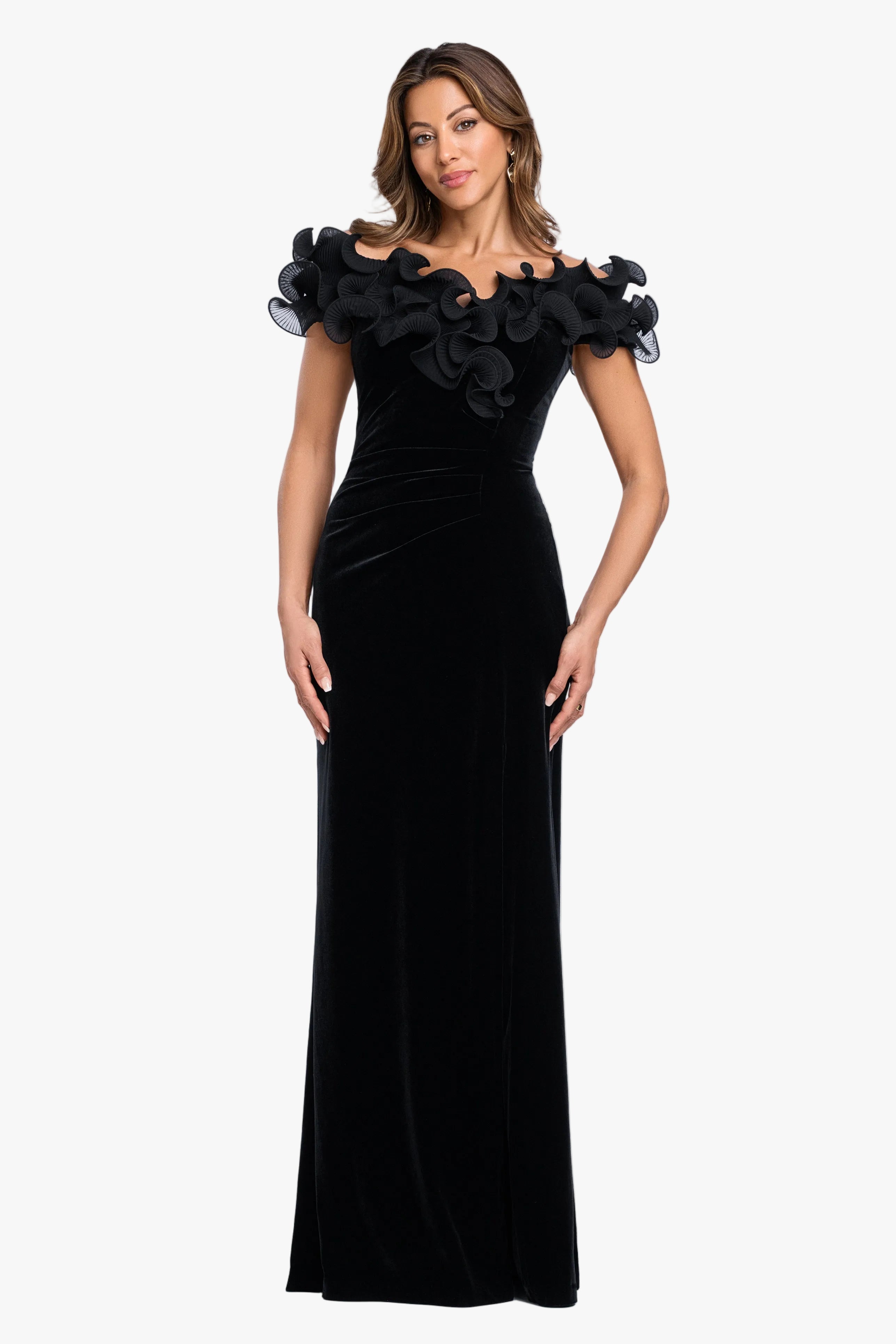 "Amora" Velvet Off The Shoulder Chiffon Ruffle Dress