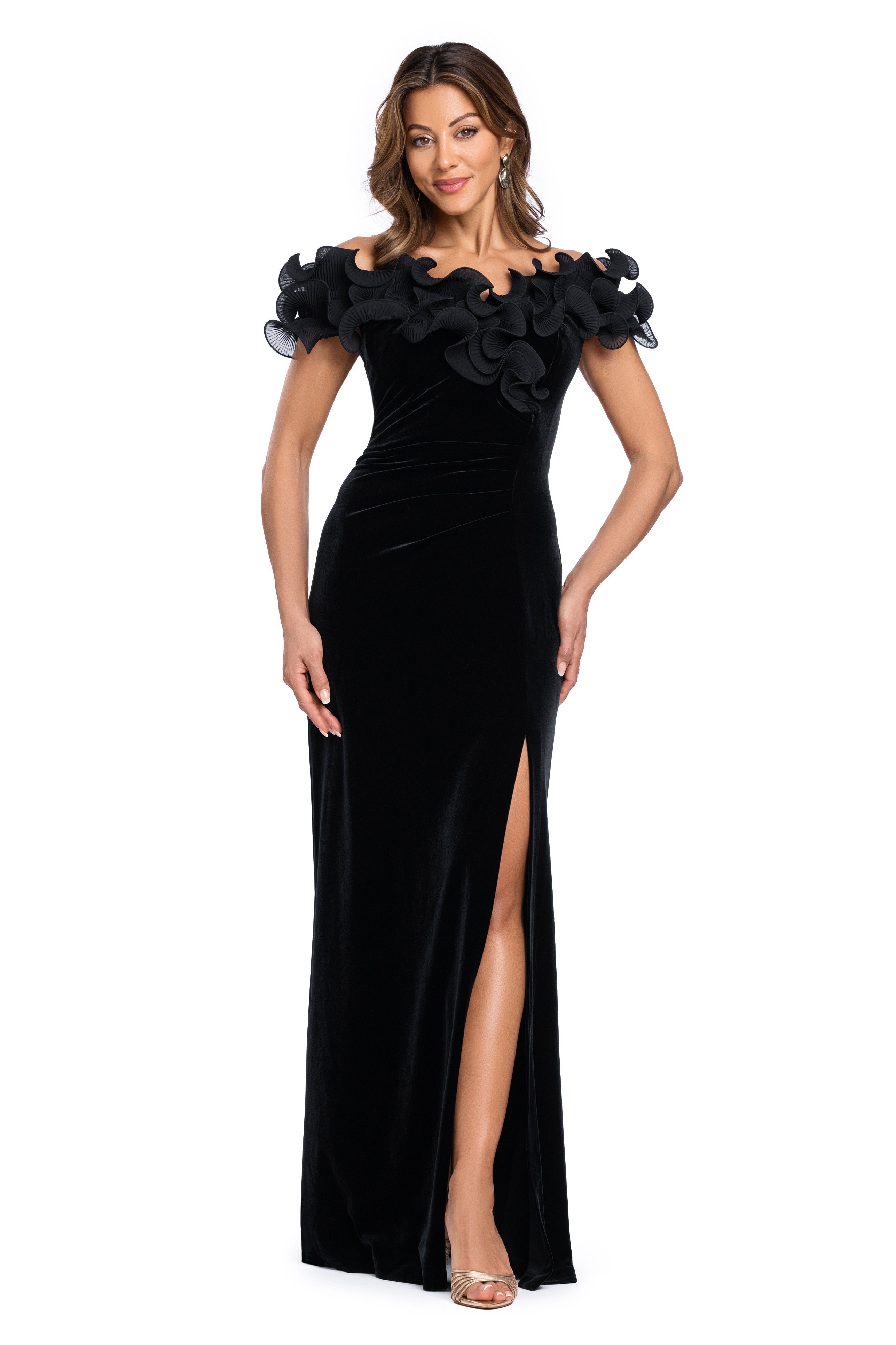 "Amora" Velvet Off The Shoulder Chiffon Ruffle Dress