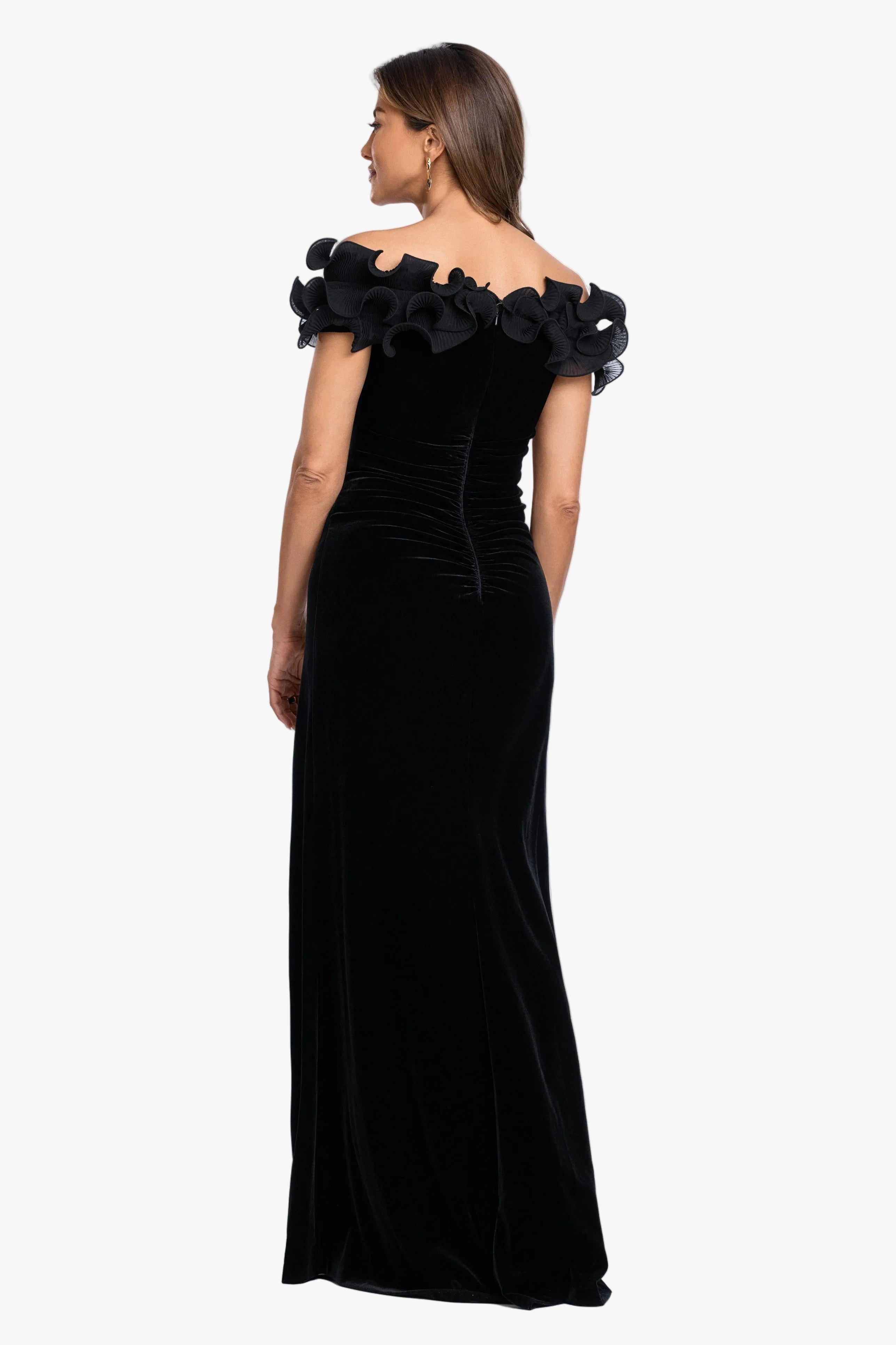 "Amora" Velvet Off The Shoulder Chiffon Ruffle Dress