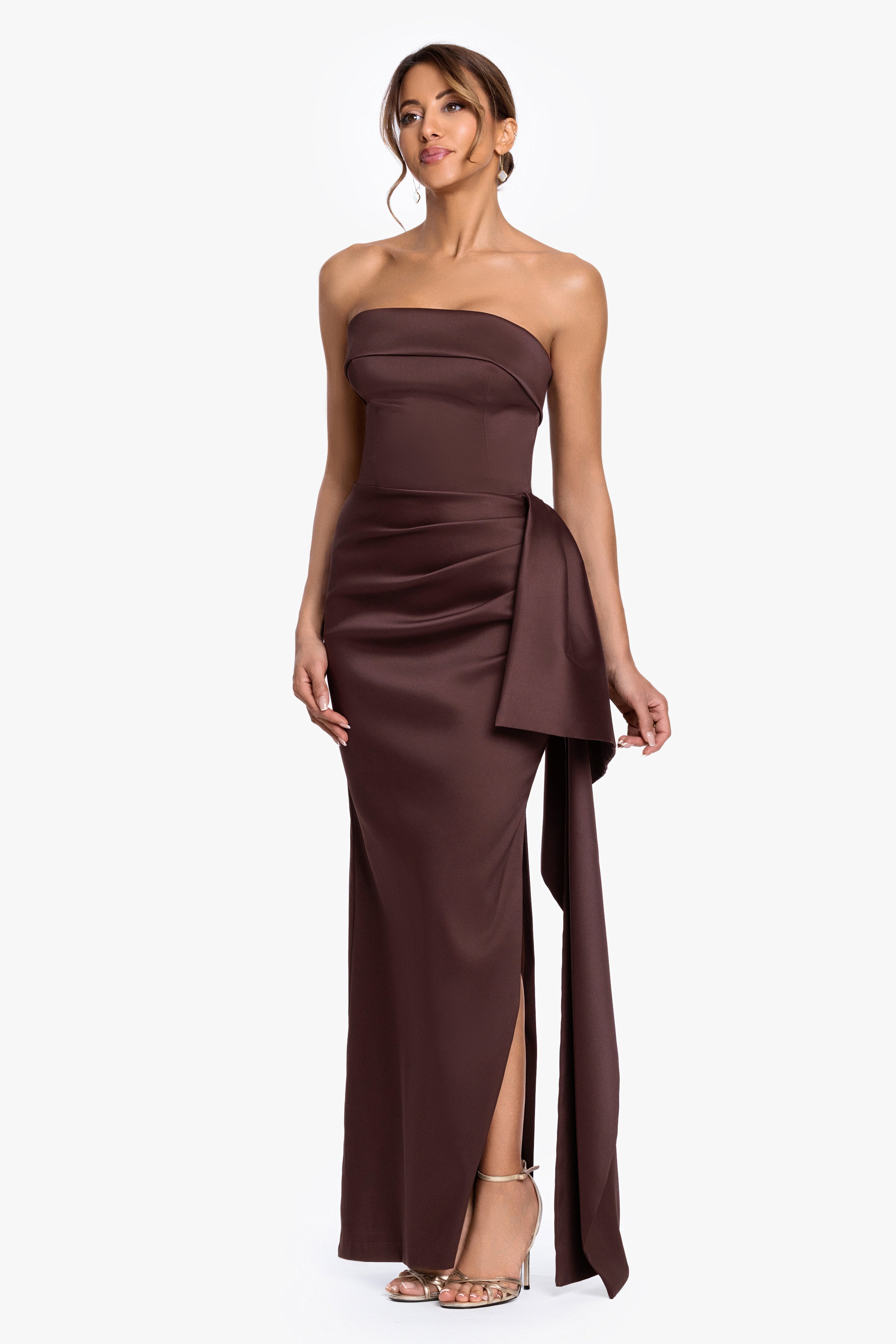 "Remi" Satin Strapless Side Ruffle Dress